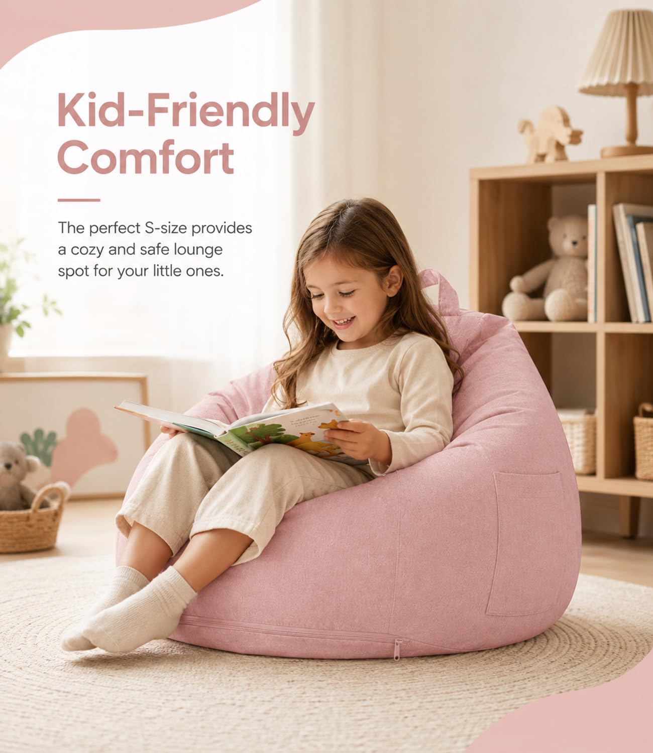 Highdi Kids Bean Bag Without Fillings - Cotton Linen Durable & Comfortable, Pink Storage Bean Bag Chair for Living Room/Gaming Room