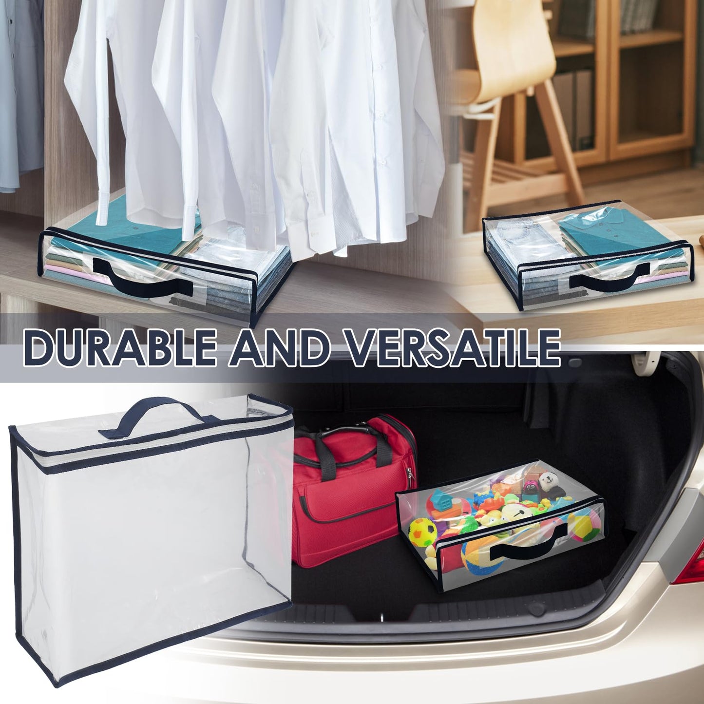 6 Pack Clear PVC Clothes Storage Bags with Zip Reinforced Handle Under Bed Bedding Organiser Blankets Storage Boxes Dustproof Transparent Moving