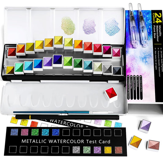RATEL Metallic Watercolour Paint Set, Premium Glitter Watercolour Solid Paint Box, 24 Metallic Watercolour Paints, Soluble and Mix Well Watercolour