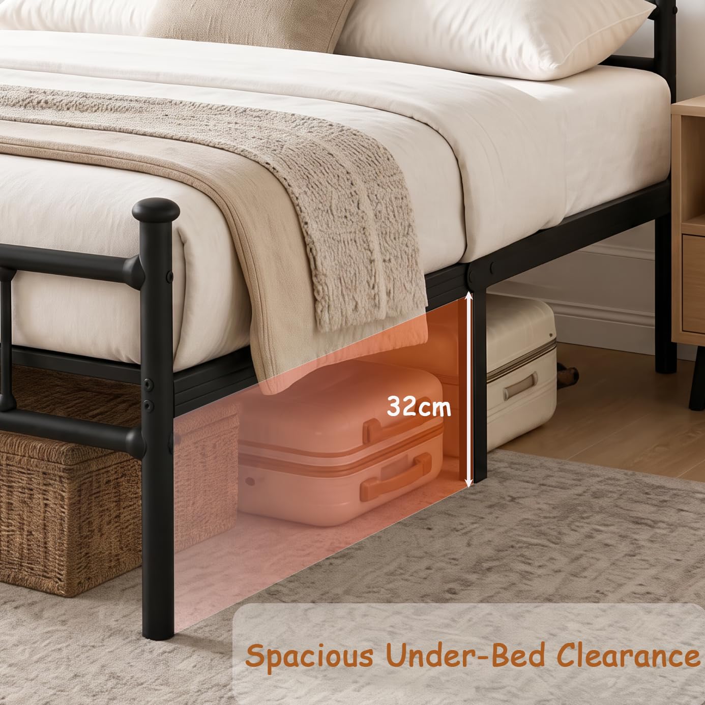 APEXTELLA HOME 3ft Single Bed Frame Black Modern Style with Headboard and Footboard Metal Slat Support and 32cm Underbed Storage Space Noise Free