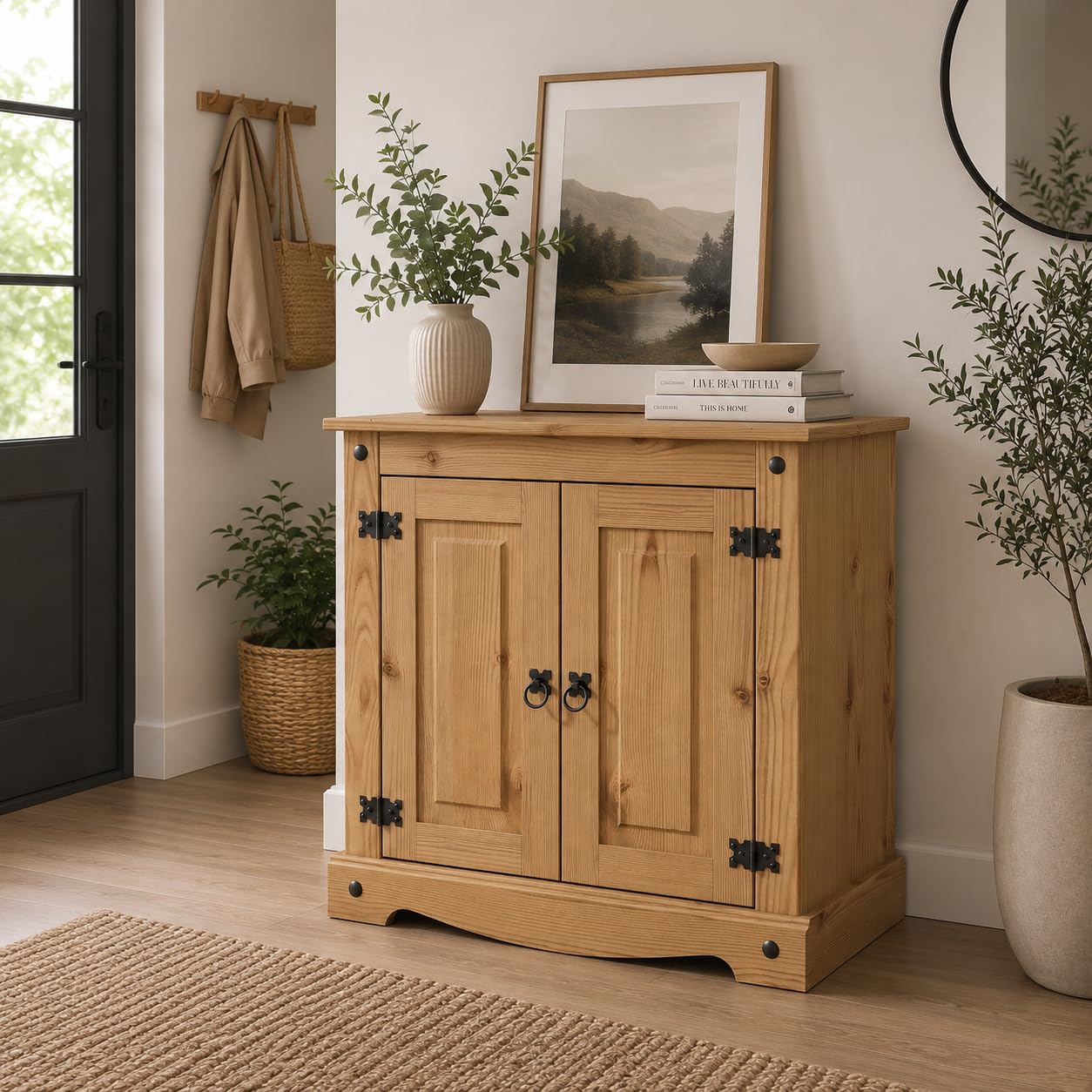 Corona Sideboard Cupboard 2 Door Solid Pine Wood with Wax Finish Mexican Style Black Metal Hardware Internal Shelf