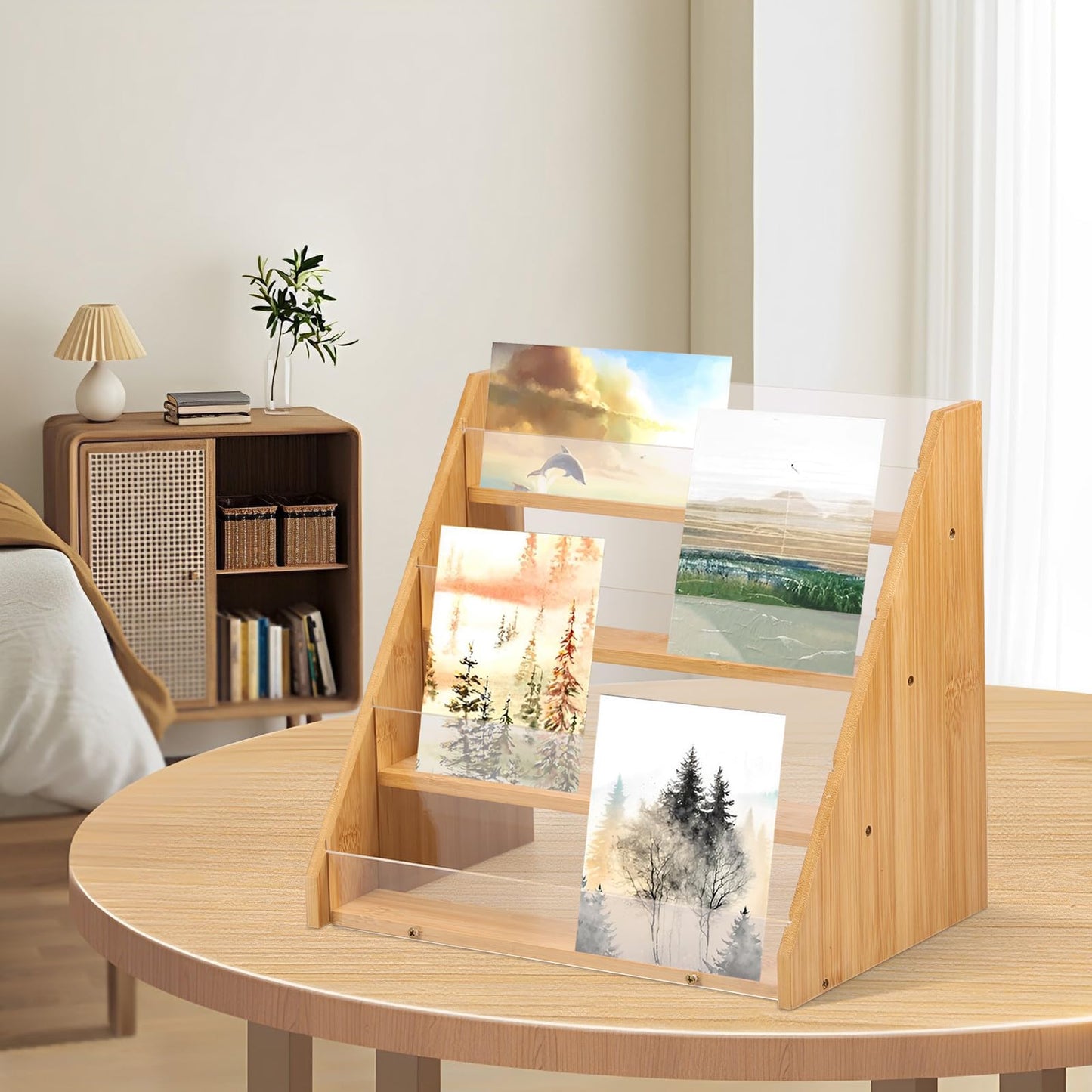 HAIJED Card Display Stand 4 Tier Greeting Card Display Bamboo and Acrylic Card Stand Display Stand for Craft Fairs Multifunctional Card Display Rack