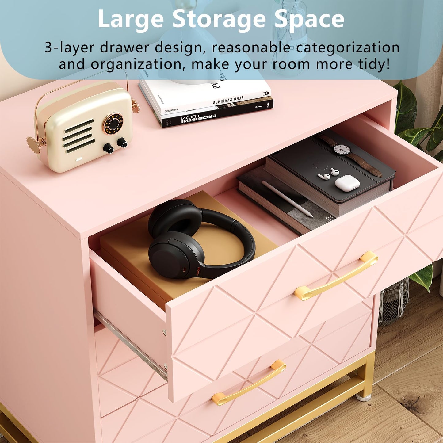 Dresser for Bedroom, Wide Chest of Drawers with 3 Drawers, Spacious Clothes Storage Cabinet Beside Table with Metal Handles & Sturdy Feet