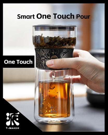 ZENS Cool Glass Teapot with Infuser, Smart One Touch Tea Maker, Loose Tea Infuser Pot with Insulated Cup and Portable Carry Case for Hot Tea