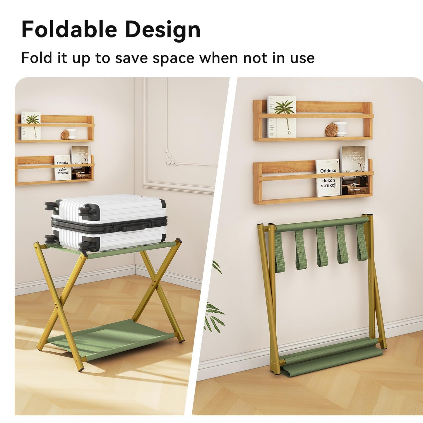 IBUYKE Luggage Rack for All Suitcase Sizes,Foldable Suitcase Stand with Fabric Storage Shelf,Easy to Assemble for Bedroom Living Room Hotel,Gold