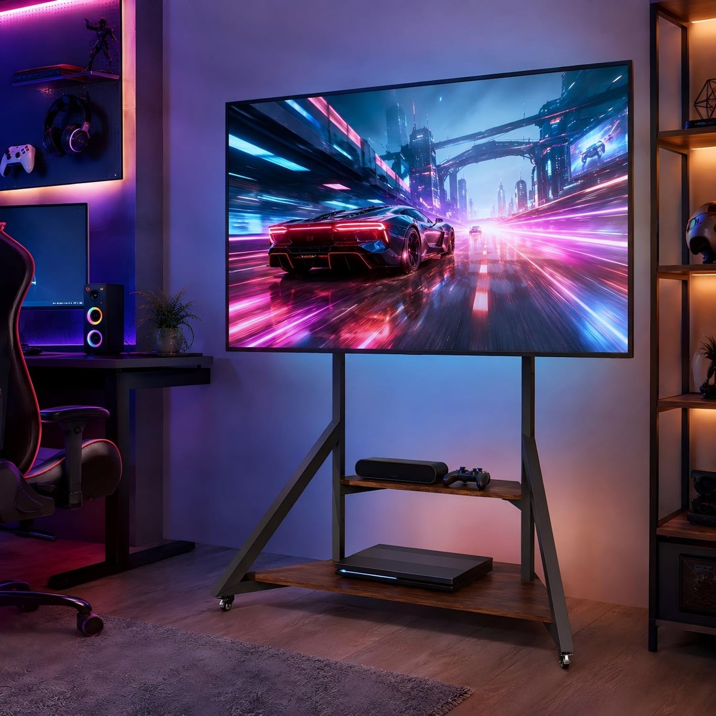 unho Floor TV Stand with Shelves, No Drill Mount for 40-75 Inch TVs