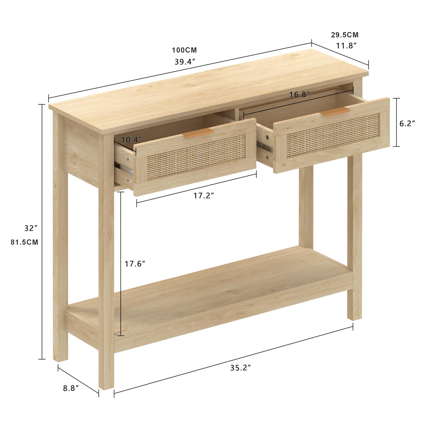Trironsun Boho Rattan Console Table with 2 Drawers 2 Tier Entryway Table Farmhouse Wood Sofa Tables with Open Storage Shelf for Living Room Hallway