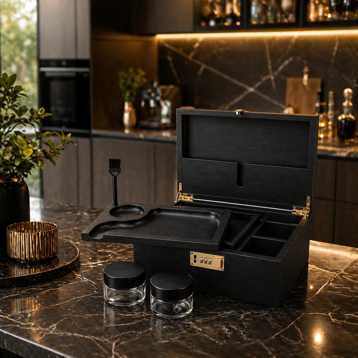 UkGlass Large Bamboo Wooden Stash Box with combination Lock, Rolling Tray and Glass Storage Jars