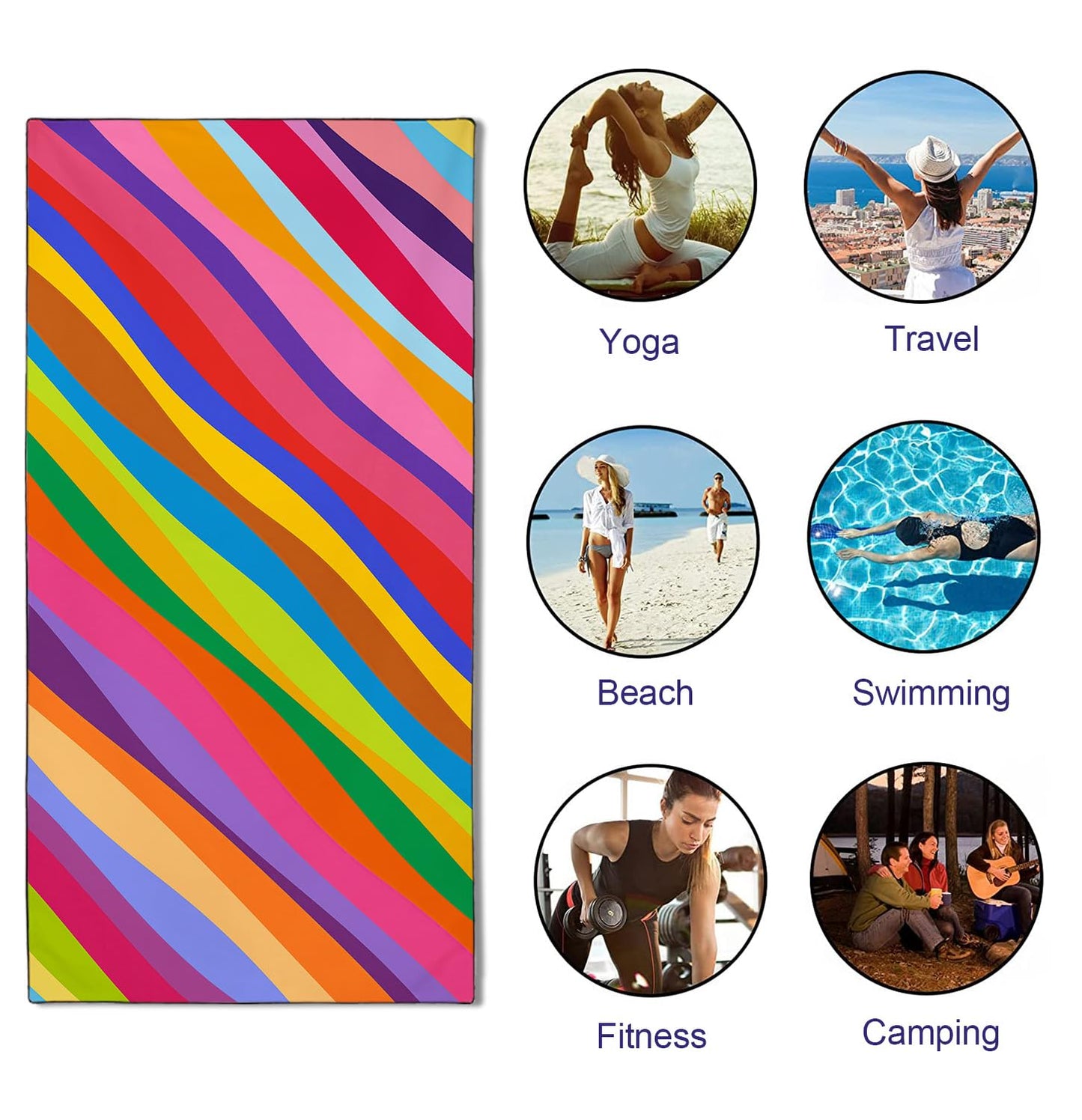 YISUMEI Colorful Rainbow Ripples Beach Towels for Adults Extra Large 180x90cm, Microfibre Quick Dry Towel for Travel Swimming Camping Sports