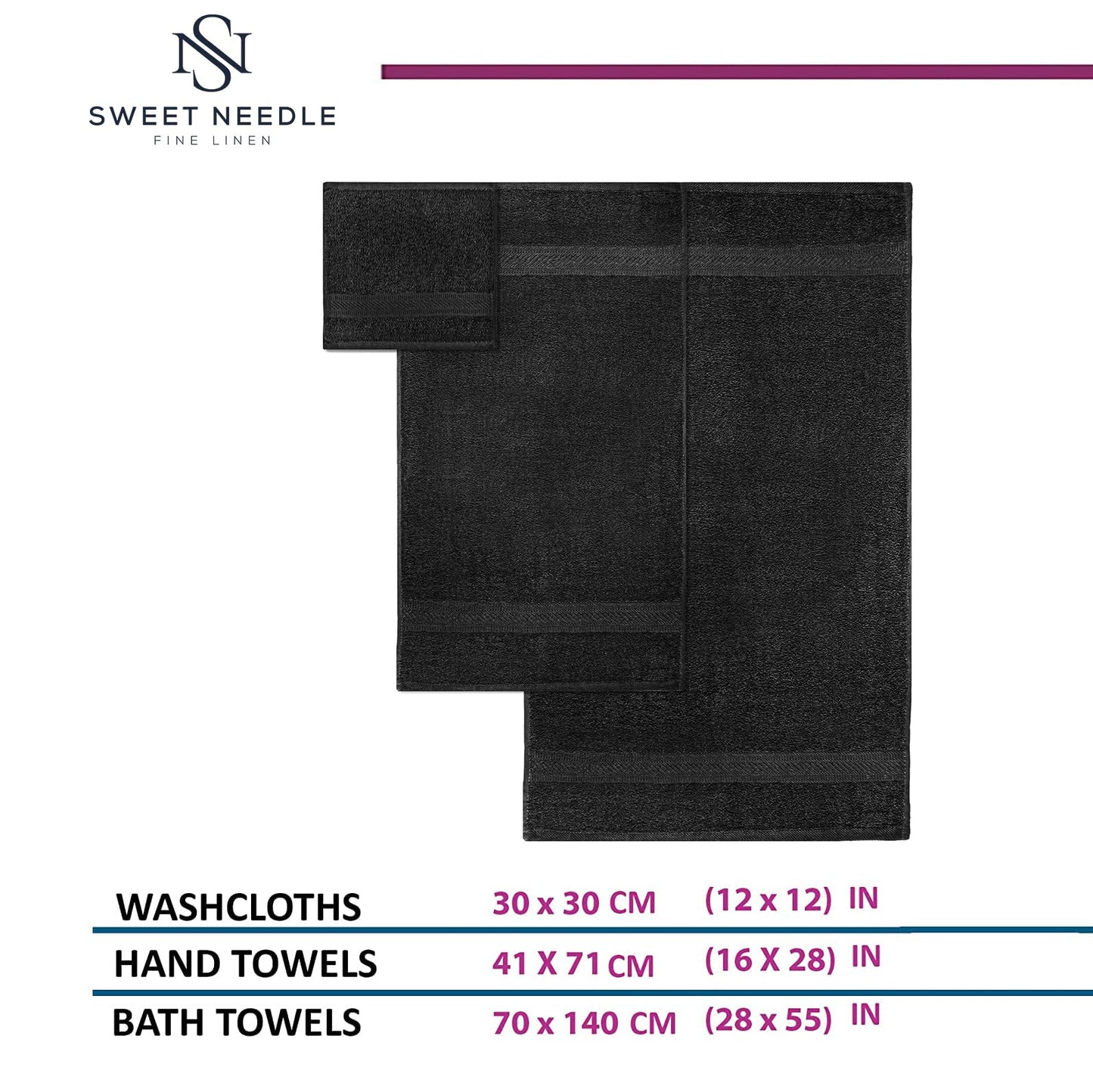 SweetNeedle 6 Piece Towel Set - 2 Bath Towels, 2 Hand Towels and 2 Washcloths Cotton Daily Use Hotel Spa Quality Soft Highly Absorbent Quick Dry
