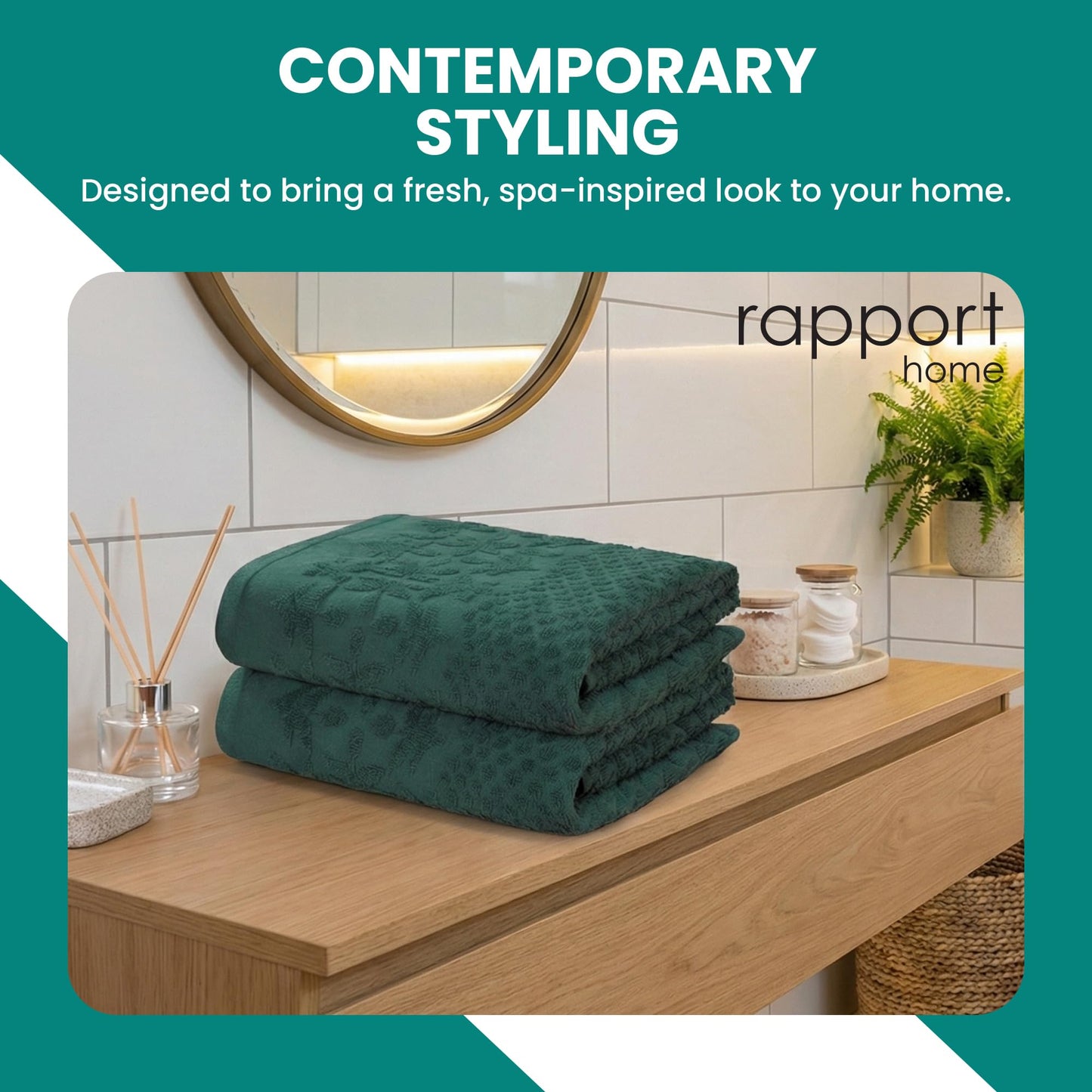 Rapport Home Versailles Jacquard Bath Sheets 2 Pack | Jade Green 90x140cm | Luxurious 500GSM 100% Cotton