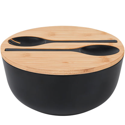 GEHE Salad Bowl with Servers Set - Large 9.8 inches Mixing Bowls Solid Bamboo Salad Wooden Bowl with Bamboo Lid Spoon for Fruits,Salads and Decoration
