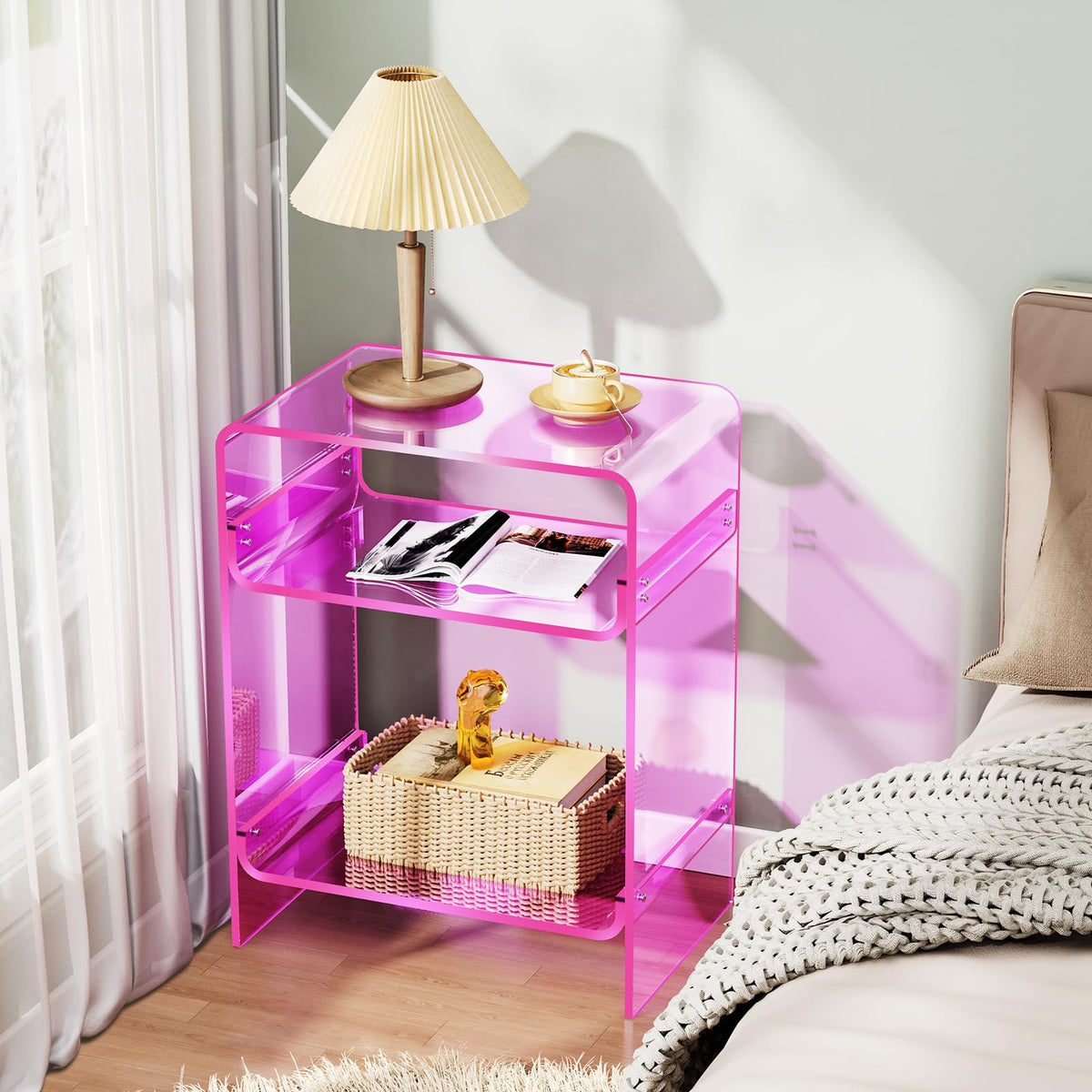 Acrylic Record Player Table with Storage Shelf, Clear Side Table, Nightstand Pink, 45×30×58 cm, Acrylic
