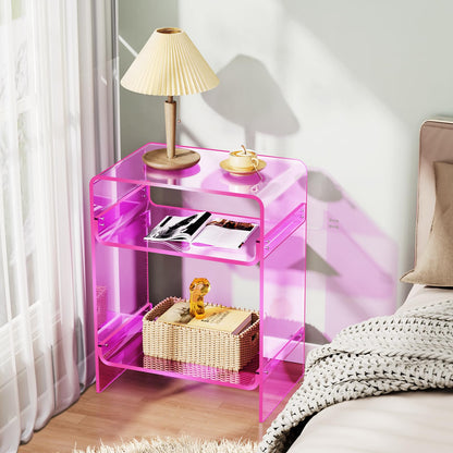 Acrylic Record Player Table with Storage Shelf, Clear Side Table, Nightstand Pink, 45×30×58 cm, Acrylic