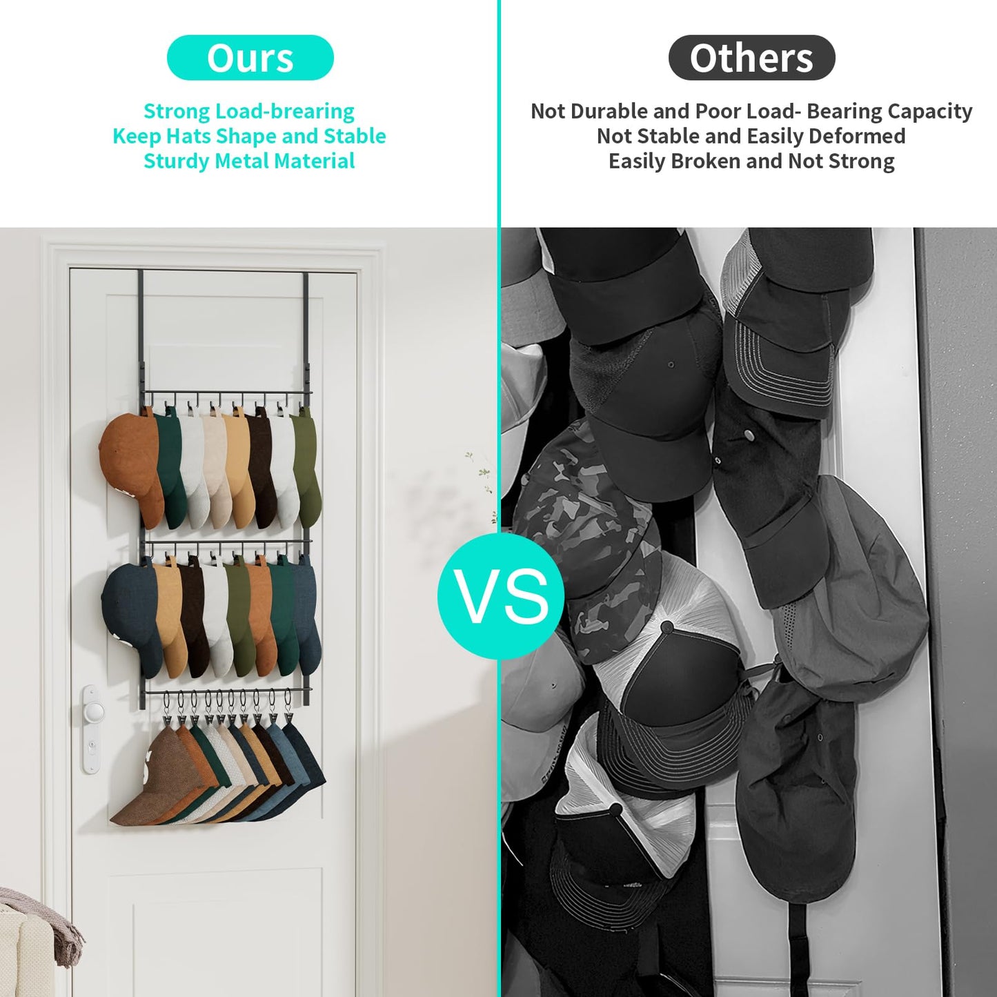 HapiRm Over Door Hat Rack - 3-Tier Wall Mounted Hat Storage Hold to 26 Caps