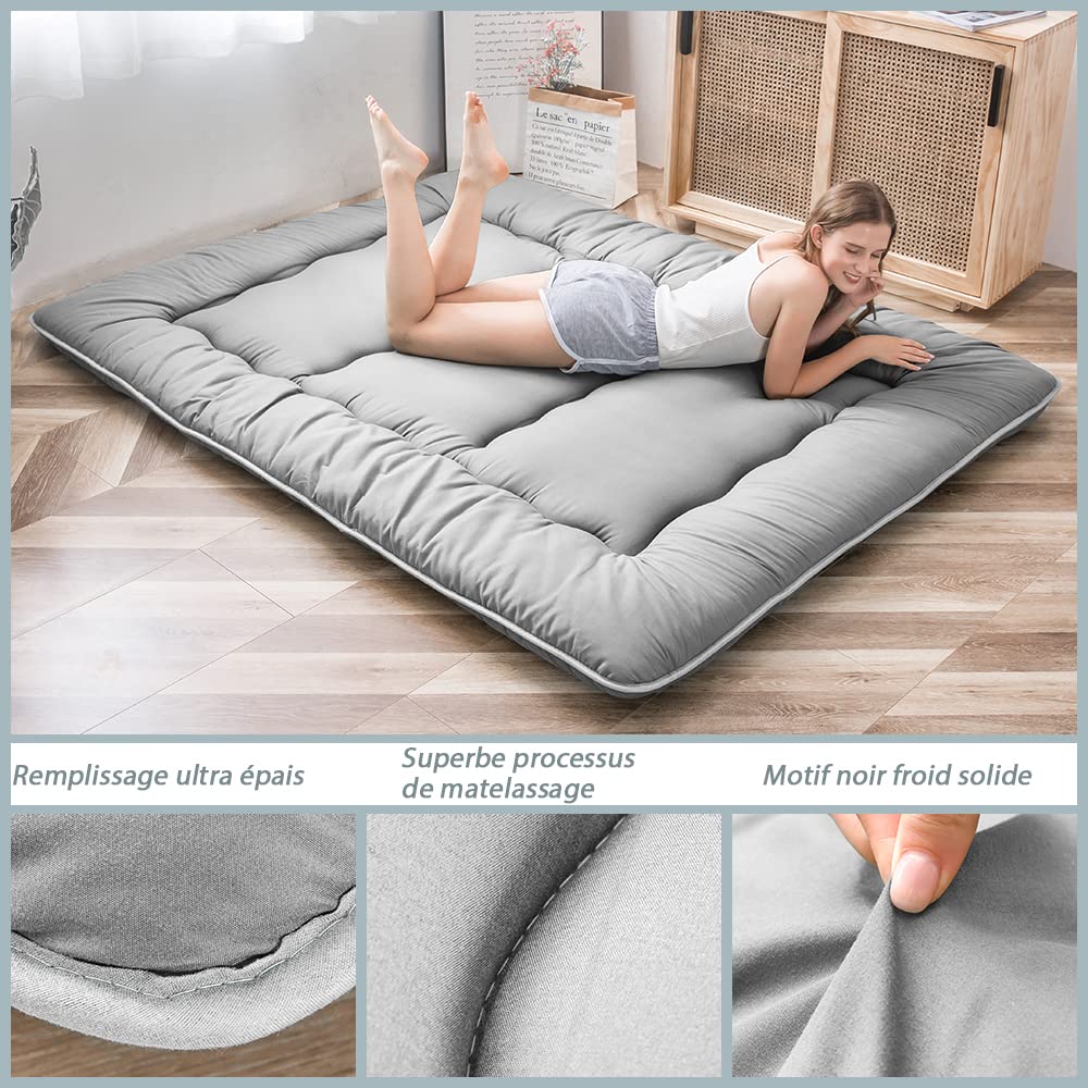 MAXYOYO Japanese Floor Futon Mattress, Thicken Tatami Sleeping Pad Foldable Roll Up Dormitory Mat Pad Floor Lounger Pillow Bed (Double, Gray)