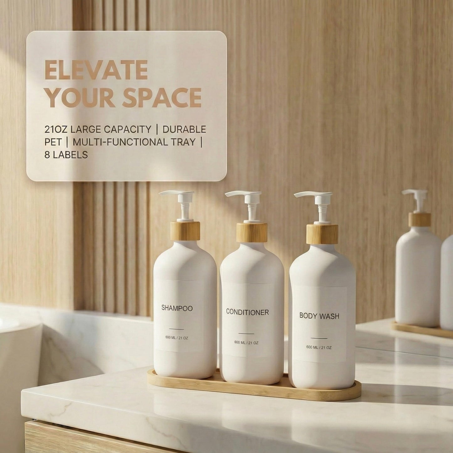 Shampoo and Conditioner Dispenser Set - 3 Pack 600ml/21oz Refillable PET Shower Bottles with Plastic Pump, Bamboo Tray, Funnel & Labels