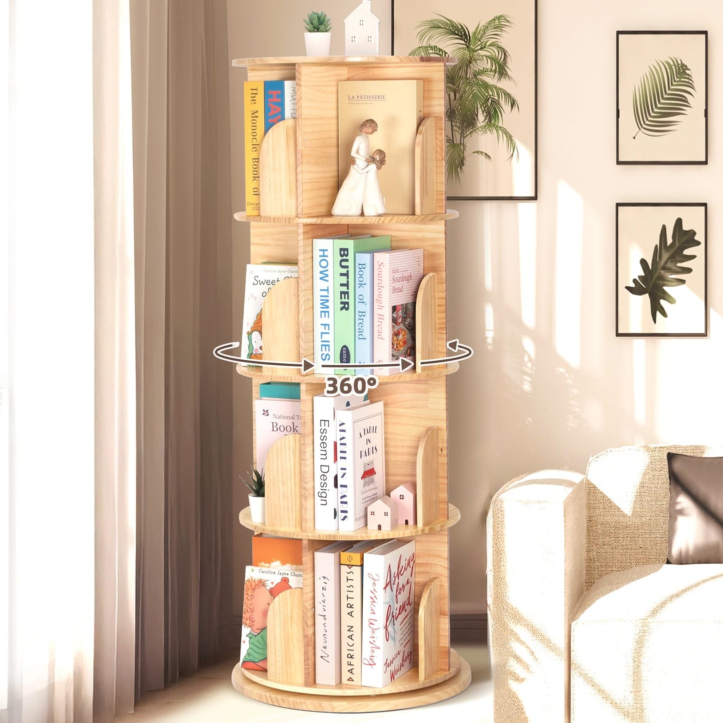 OOOK Wooden Rotating Bookshelf, 4-Tier 360° Spinning Solid Wood Revolving Bookcase, Space-Saving Floor Standing Spinning Bookshelf for Study Room