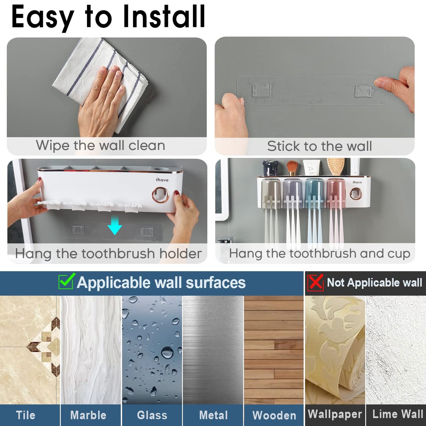 iHave Wall Mounted Toothbrush Holders with Toothpaste Dispenser, Featuring 4 Cups