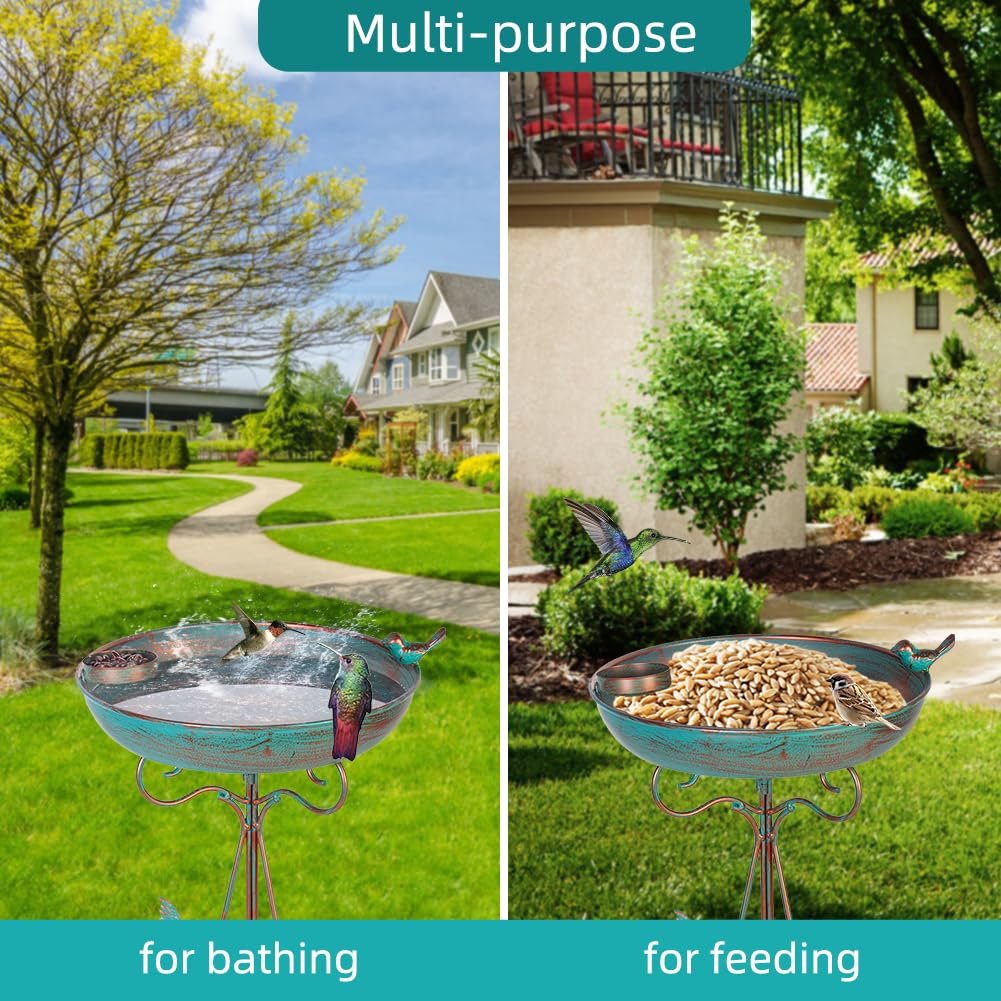 dreamysoul Bird Bath 12" Dia Bowl, Metal Birdbath with Feeder, Pedestal Bird Baths for Outside Outdoors Garden Patio Yard (Bronze)