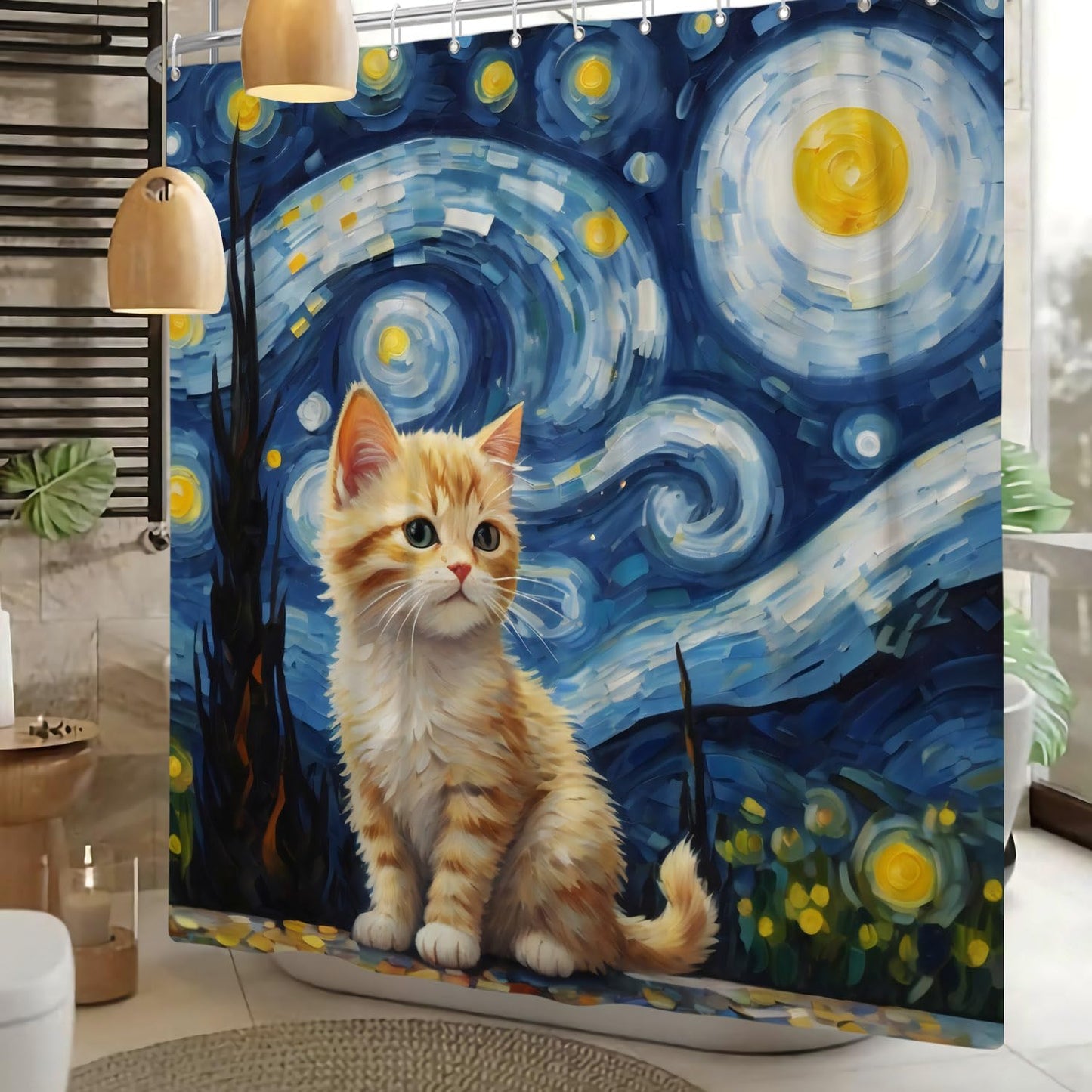 ASDCXZ Cat Shower Curtain 180 x 200 cm, Modern Abstract Art Blue Yellow Oil Painting Cute Cat Bath Washable Shower Curtains Polyester Textile