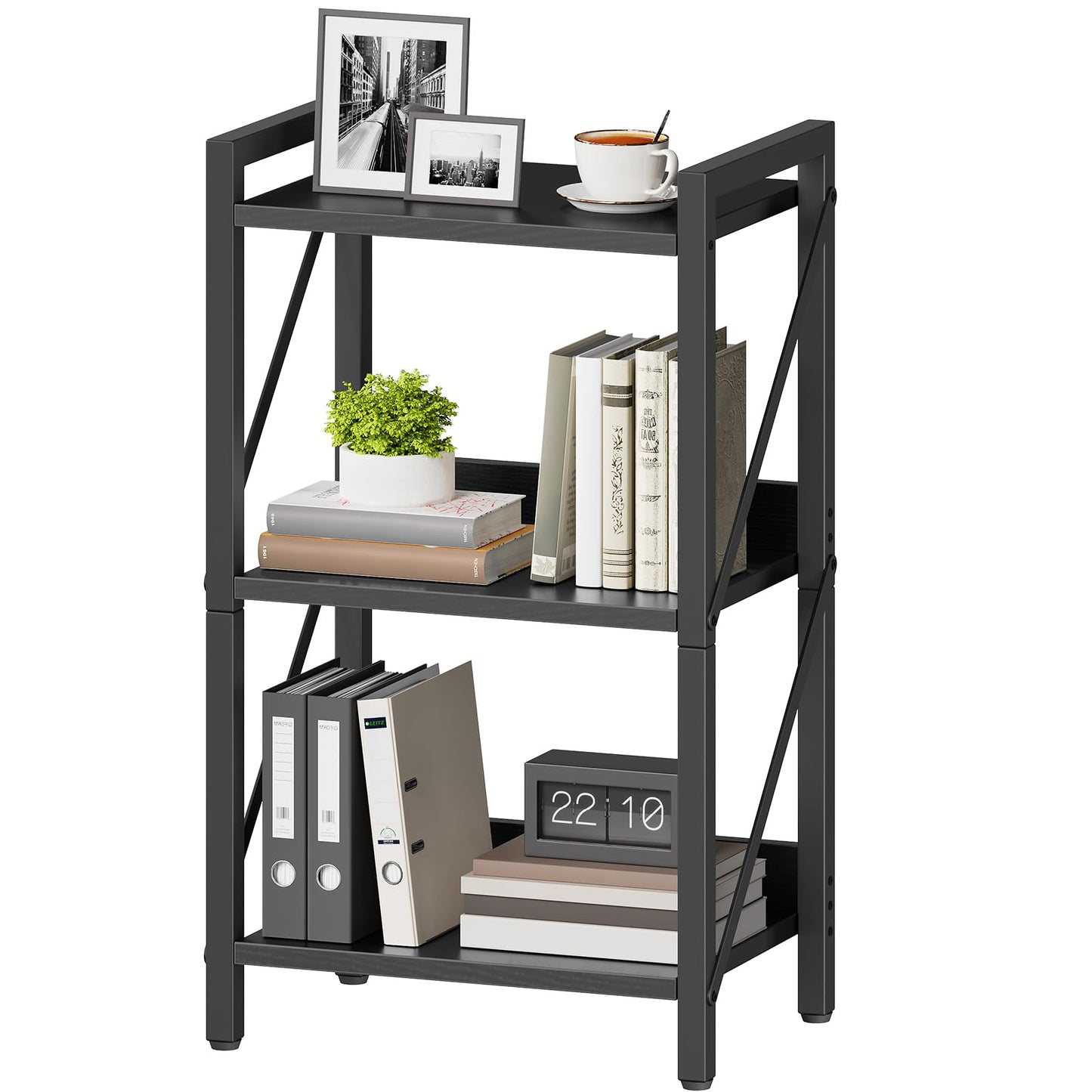 HOOBRO 3-Tier Bookshelf, Industrial Corner Bookcase, Display Rack, Metal Frame, for Living Room, Bedroom, Office, Kitchen, Entryway, Black EBB71SJ01