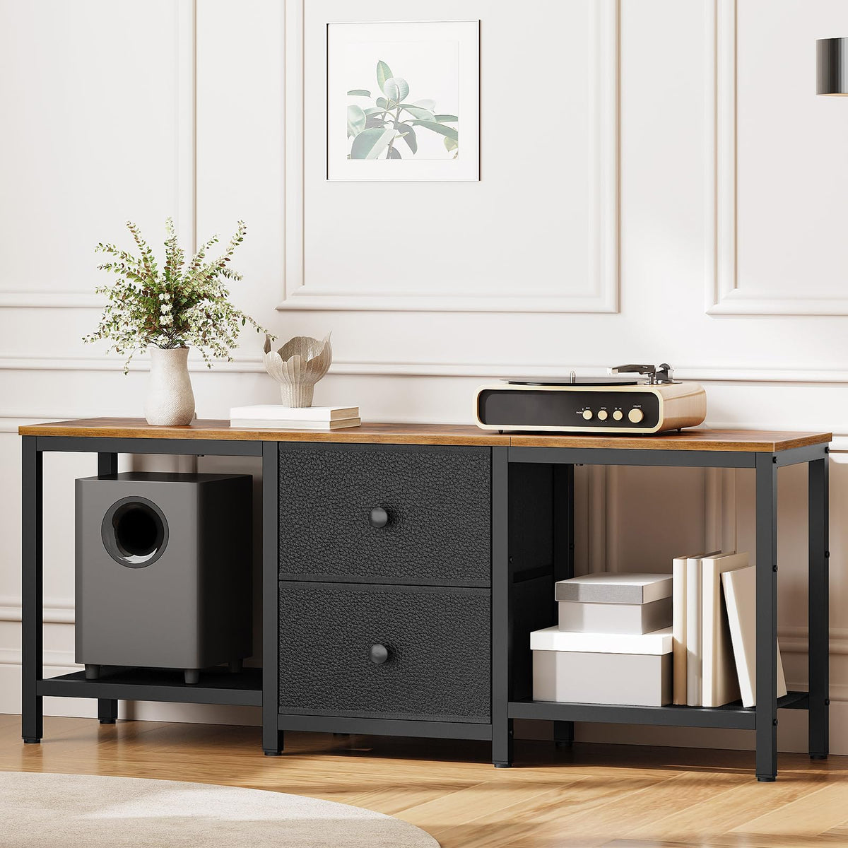 YATINEY TV Stand Cabinet for TVs up to 55'', Media Console with Shelves and 2 Drawers, Metal Frame, for Living Room, Bedroom, 120 x 30 x 50 cm