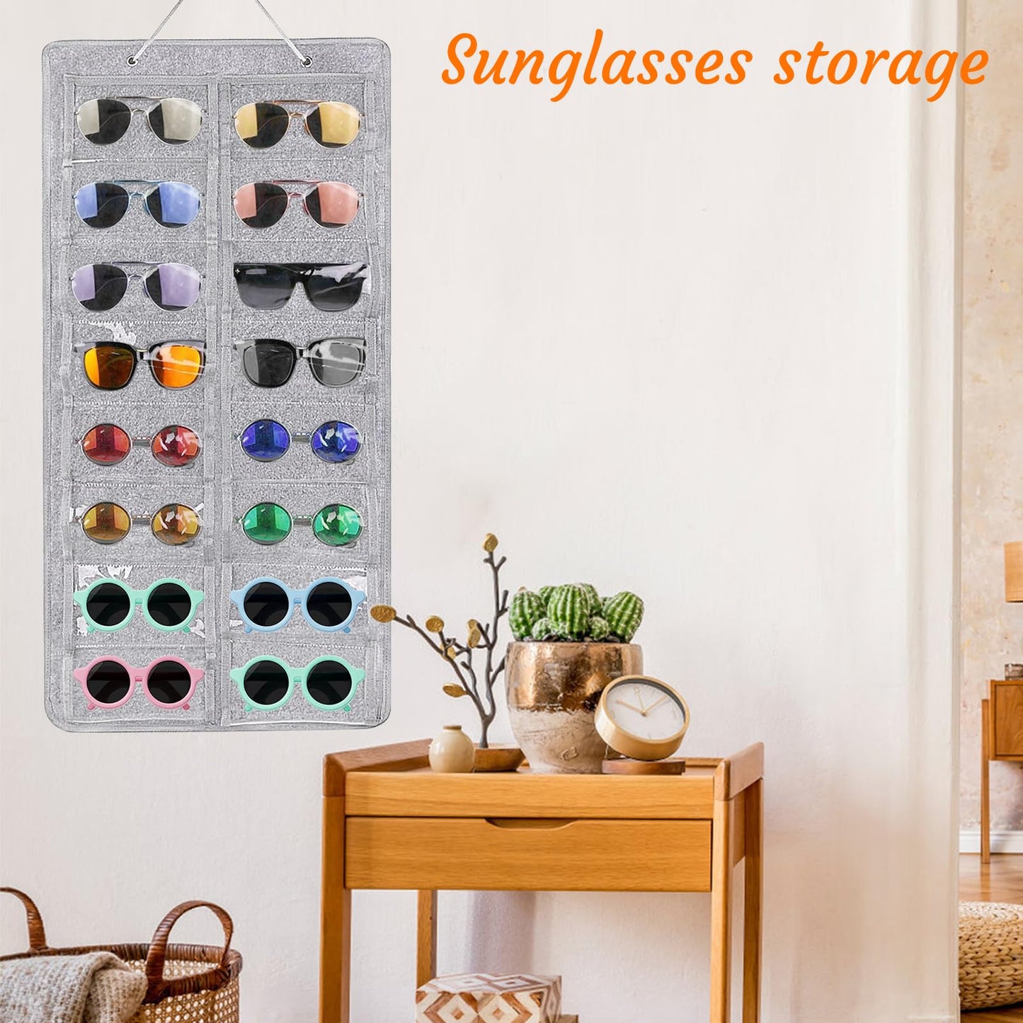Yunyige Sunglasses Organiser Hanging,Hanging Glasses Storage,Sunglasses Organiser Wall Felt with 16 Pockets for Glasses Storage and Display (Grey)