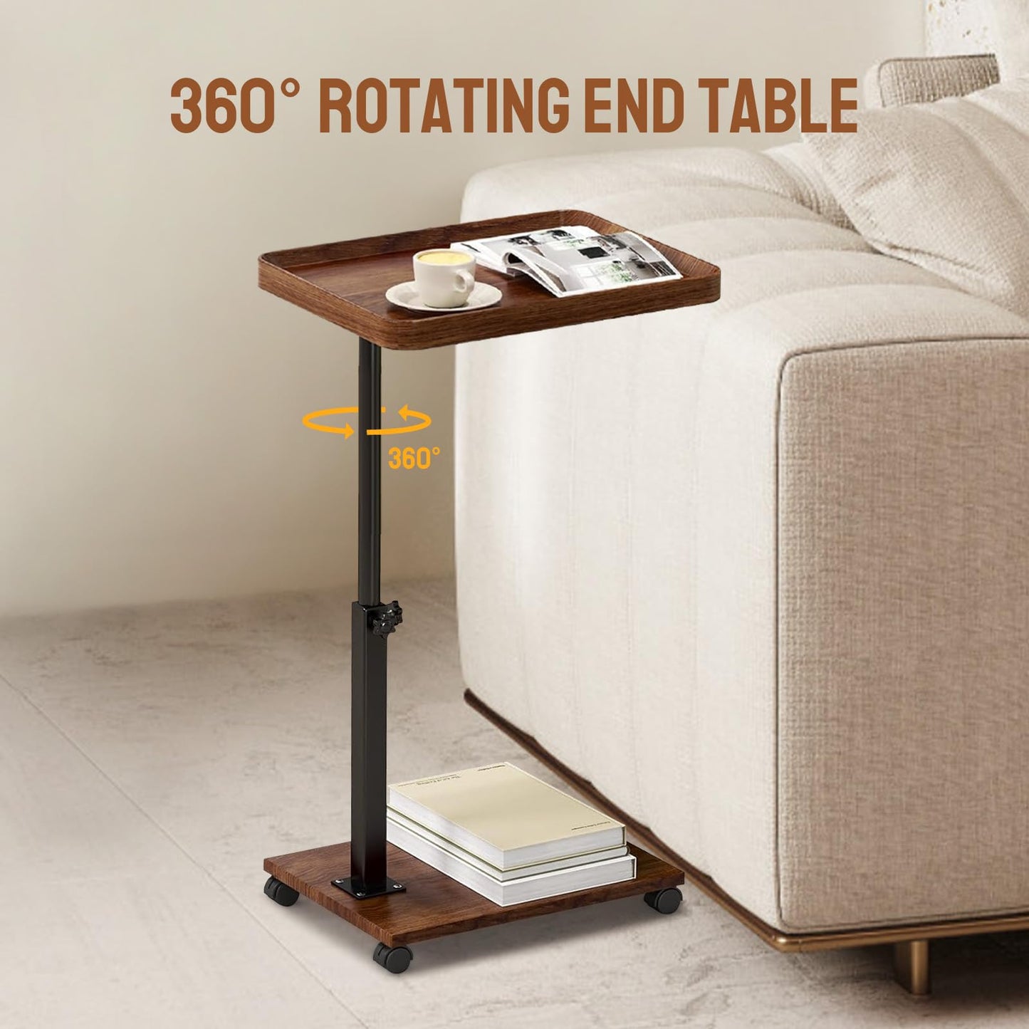 YYW Adjustable C Shaped Side Table with Wheels, 360° Swivel Sofa Table