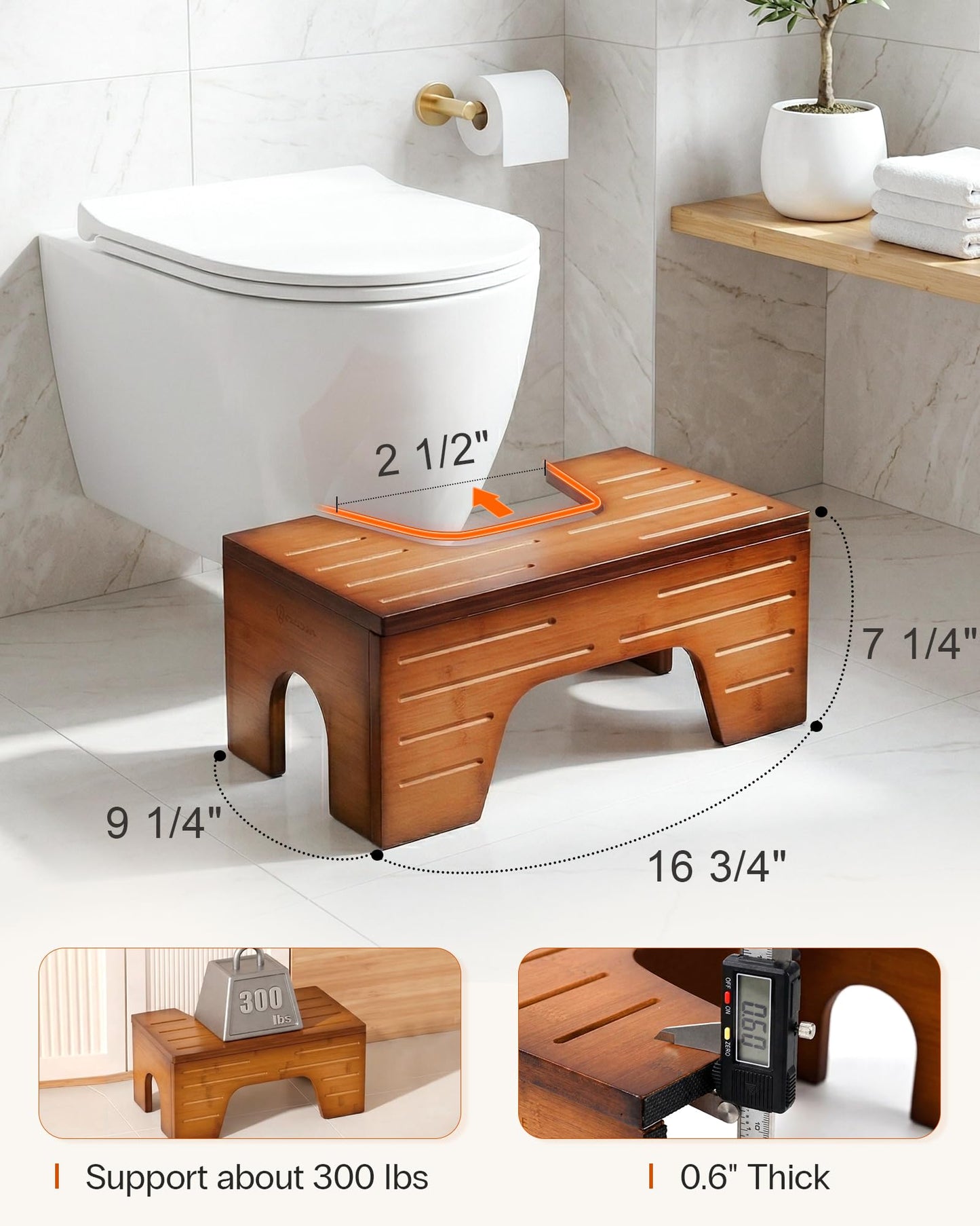 StrongTek Foldable Bamboo Toilet Stool Adjustable Height Reddish Brown