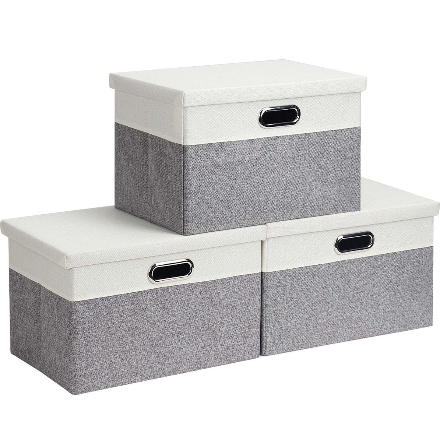 Febzoce Storage Boxes with Lids, Storage Baskets for Shelves Foldable Fabric Storage Bins Organizer for Home and Office Light Grey and White Medium