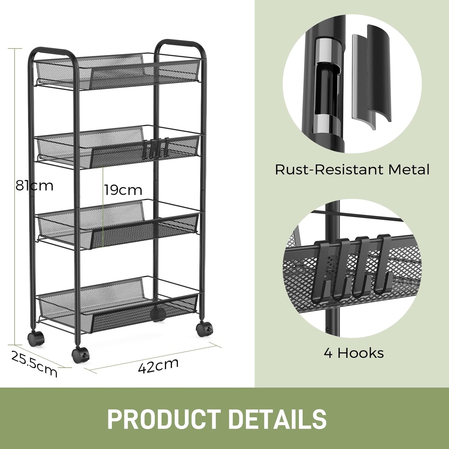 WELDUN 4-Tier Storage Trolley, Meatl Rolling Cart, Mesh Storage Cart Black