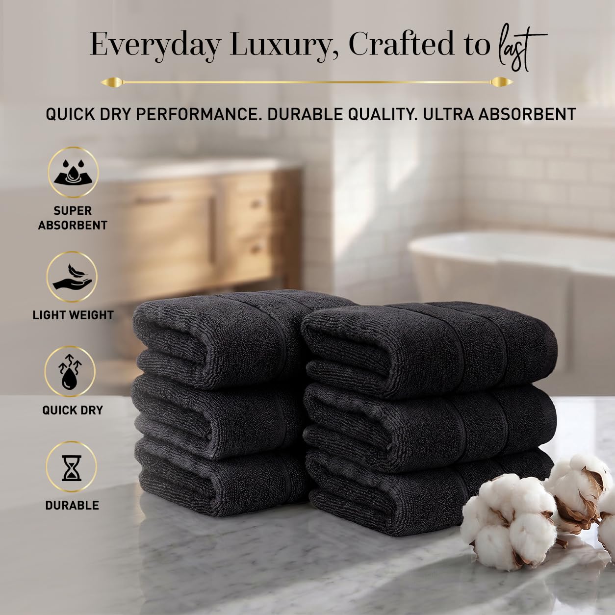 Hand Towels Set of 6 Quick Dry |100% Cotton I Zero Twist | OEKO-TEX | Black