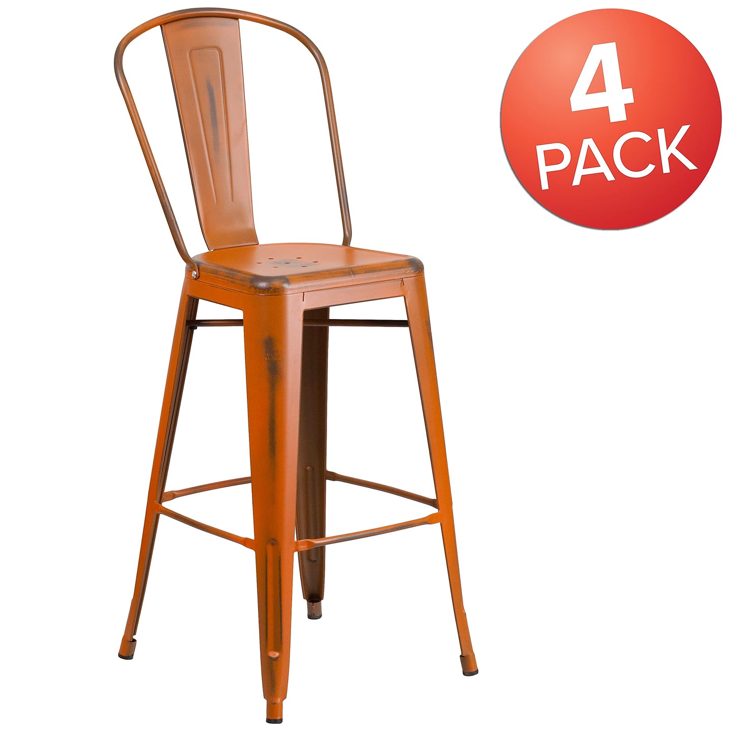 Flash Furniture Blake Commercial Grade 4 Pack 30" High Distressed Orange Metal Indoor-Outdoor Barstool with Back