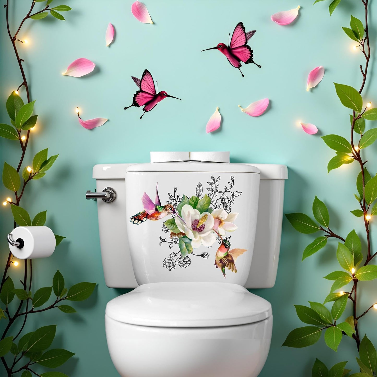 Birds Flowers Butterfly Toilet Seat Lid Stickers Self-Adhesive Bathroom Wall Sticker Toilet Seat Decals DIY Removable Waterproof Toilet Sticker for
