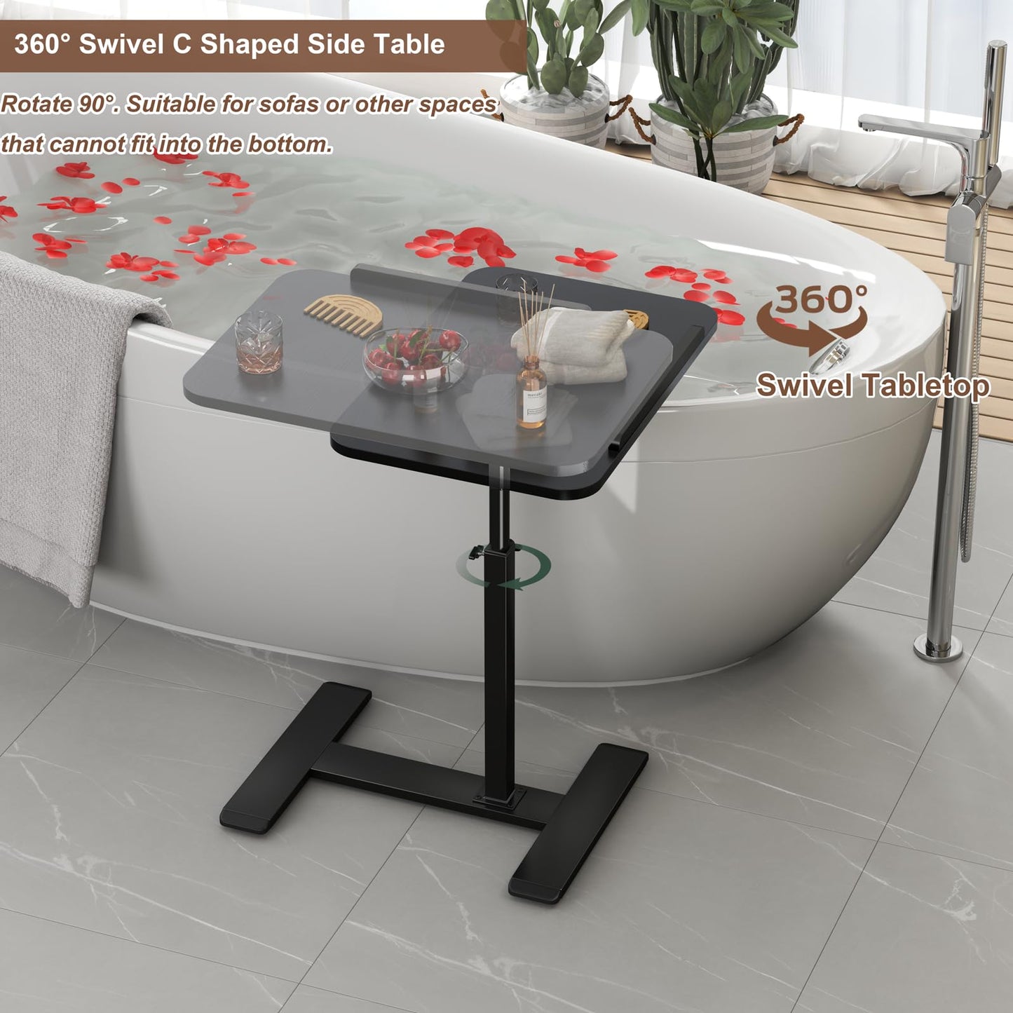 Adjustable Height C Shaped Side Table,360°Swivel Overbed Table,Top Tilting Laptop Stand Tray Tables with Wheels,Mobile Couch End Tables that Slide