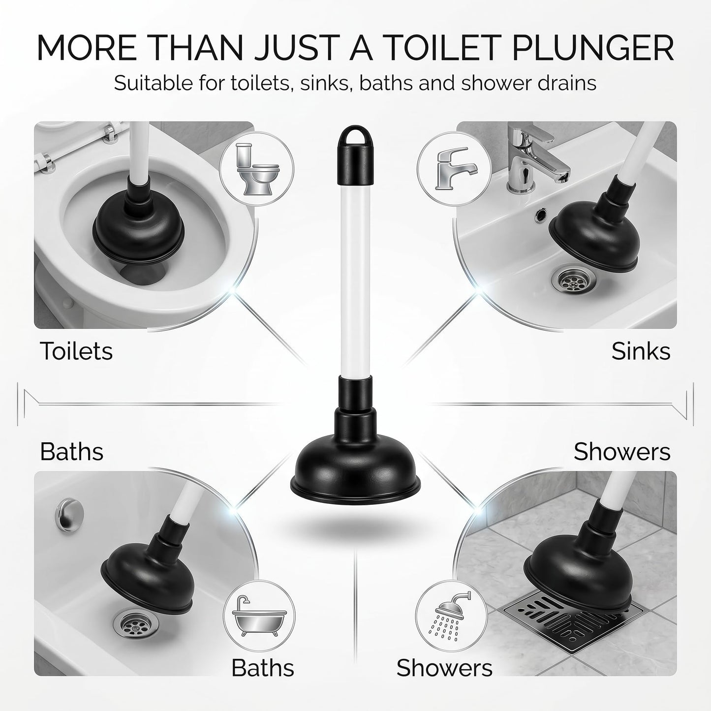 Heavy Duty Drain Unblocker Sink Plunger 9 inch Strong Handle & 4 inch Rubber Cup for Toilet Shower Bathroom Kitchen Drains Powerful Suction Tool Fast