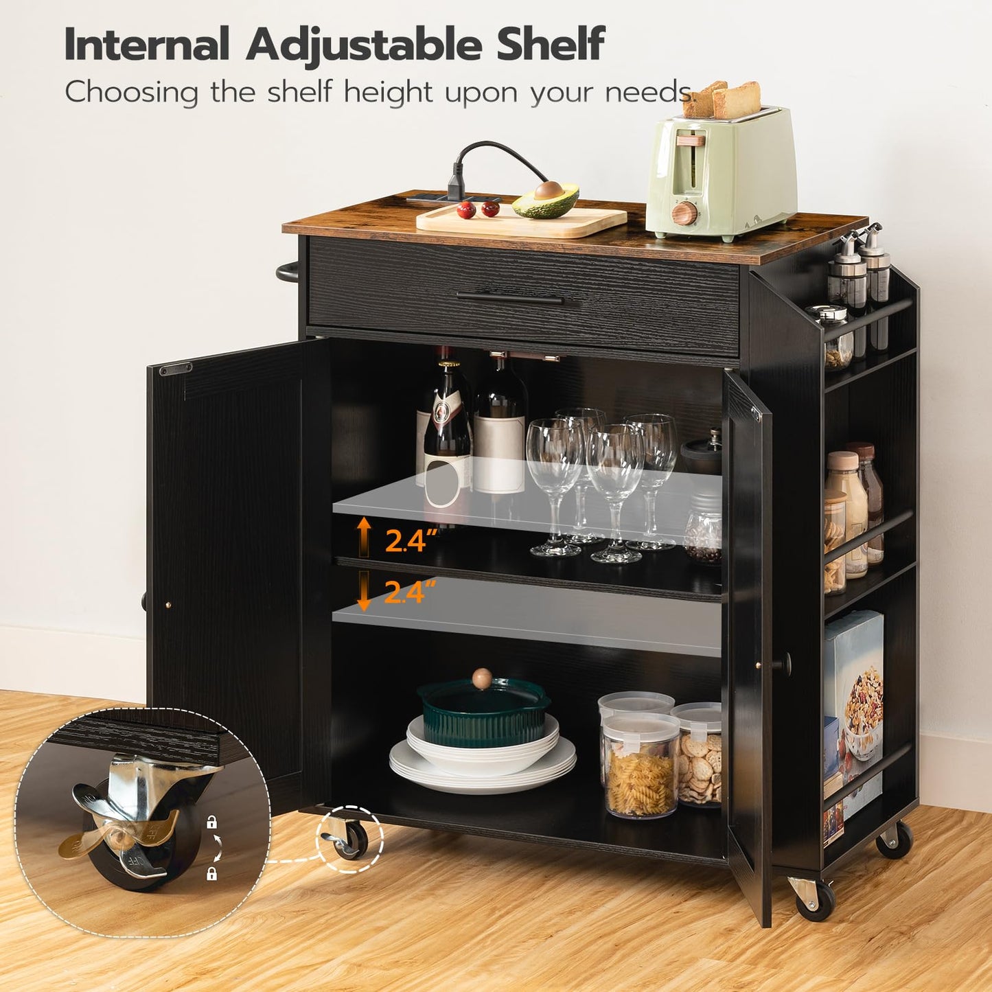 HOOBRO Kitchen Island on Wheels, Rolling Kitchen Island Storage Trolley with Spice Rack and Drawer, with Power Outlet, Utility Serving Cart, for Home
