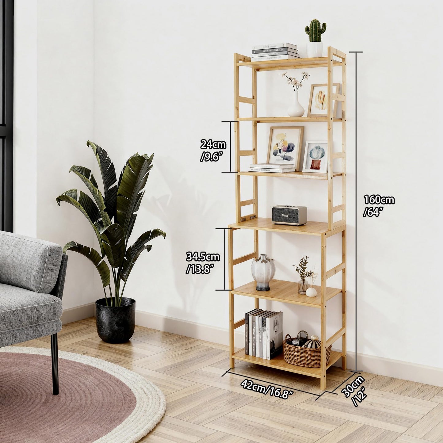 EIUTQRU Bamboo Living Room Bookcases, 6 Tier Standing Ladder Shelf Bookshelf, Multifunctional Narrow Shelving Unit Storage Rack for Garage, kitchen