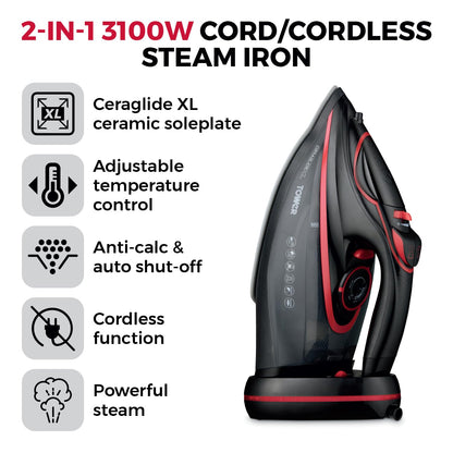 Tower T22035RED Cord/Cordless Steam Iron with Ceraglide XL Ceramic Soleplate, Thermostatic Dial Control, Anti-Calc & Anti-Drip Functions, Auto Shut