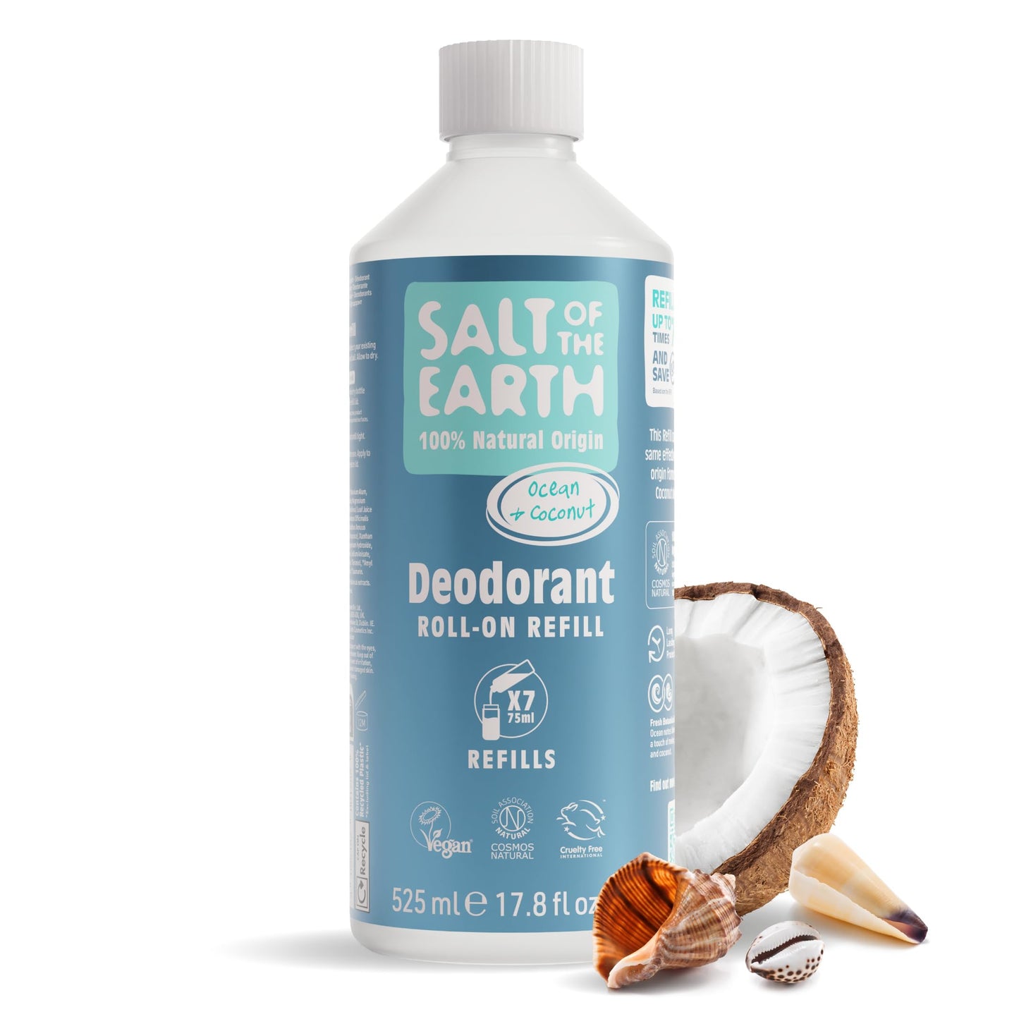Salt of the Earth - Natural Deodorant Roll on Refill - x7 Uses - Ocean & Coconut - 100% Natural Origin Ingredients - Vegan - Suitable for Men, Women &