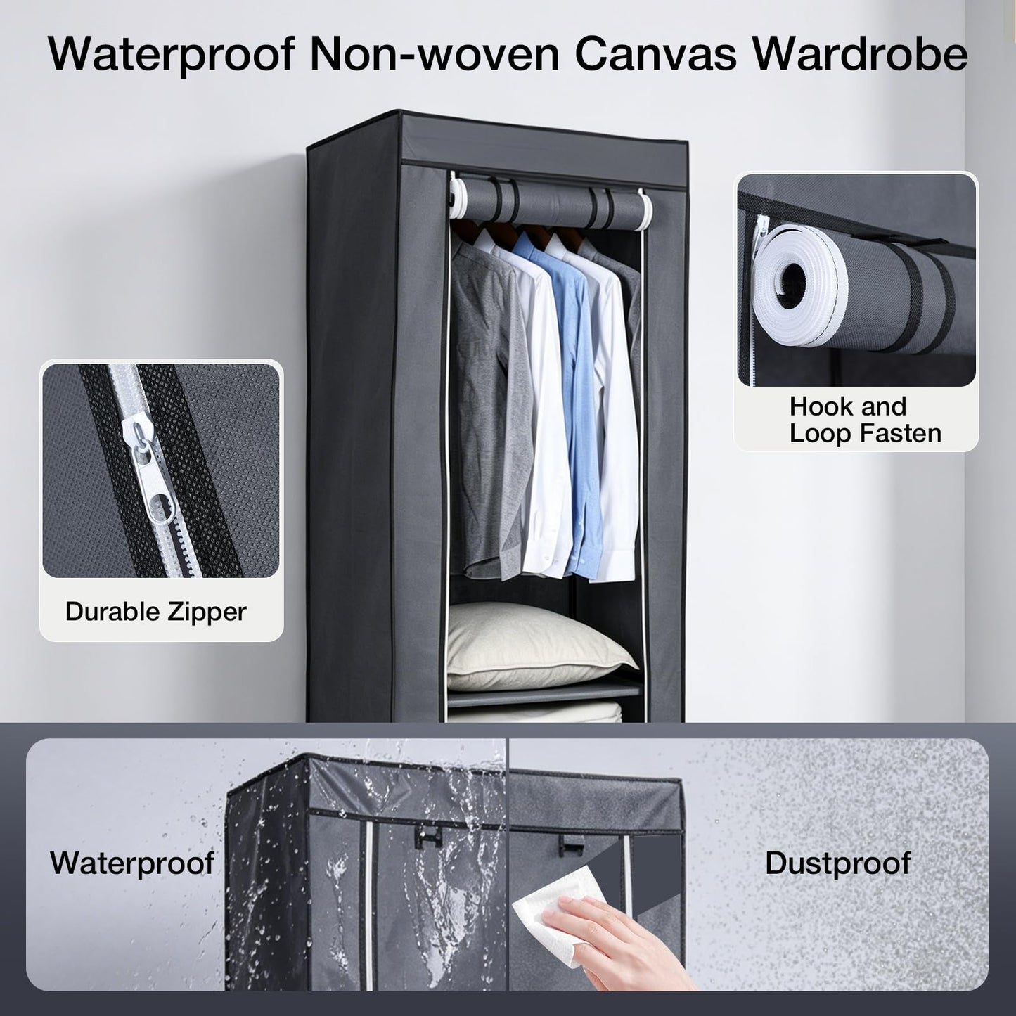 Single Canvas Wardrobe with 2 Drawers and Hanging Rail 160 x 59 x 43CM