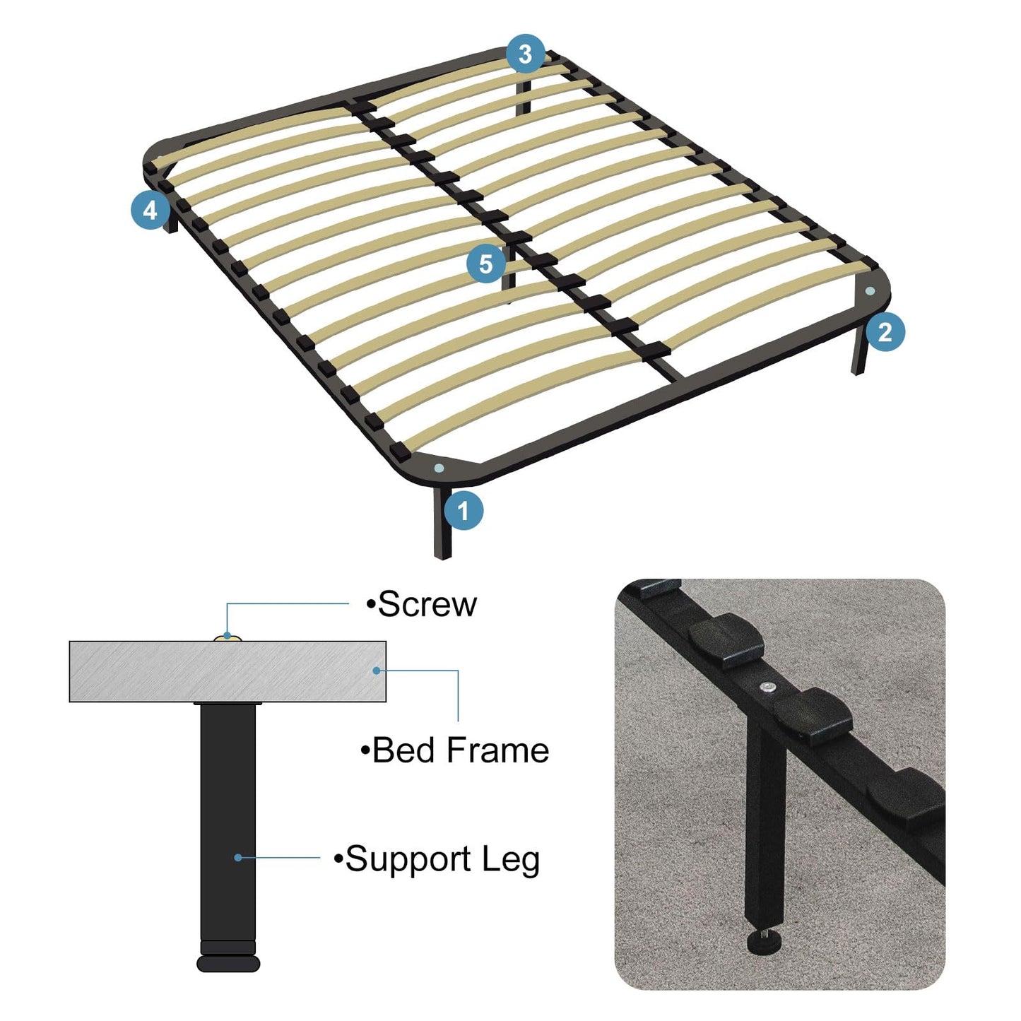 sourcing map Adjustable Height Bed Frame Support Legs Replacement Bed Rail Support Center Frame Slat Feet Risers(150mm-170mm/5.9"-7"), Black