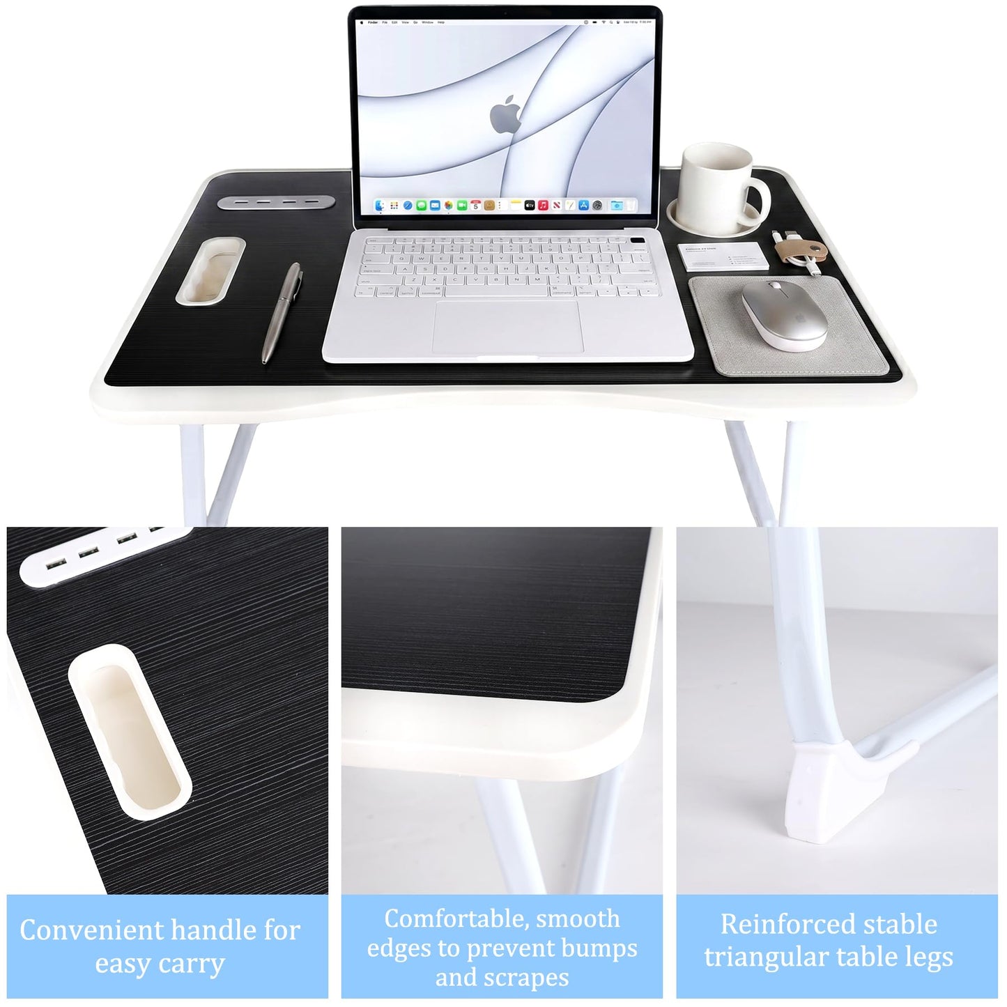 BIFZOIN Bed Table Laptop Desk,Foldable Portable Laptop Bed Table with USB Ports,Side Drawer,Desktop Card and Handle,Portable Tray for