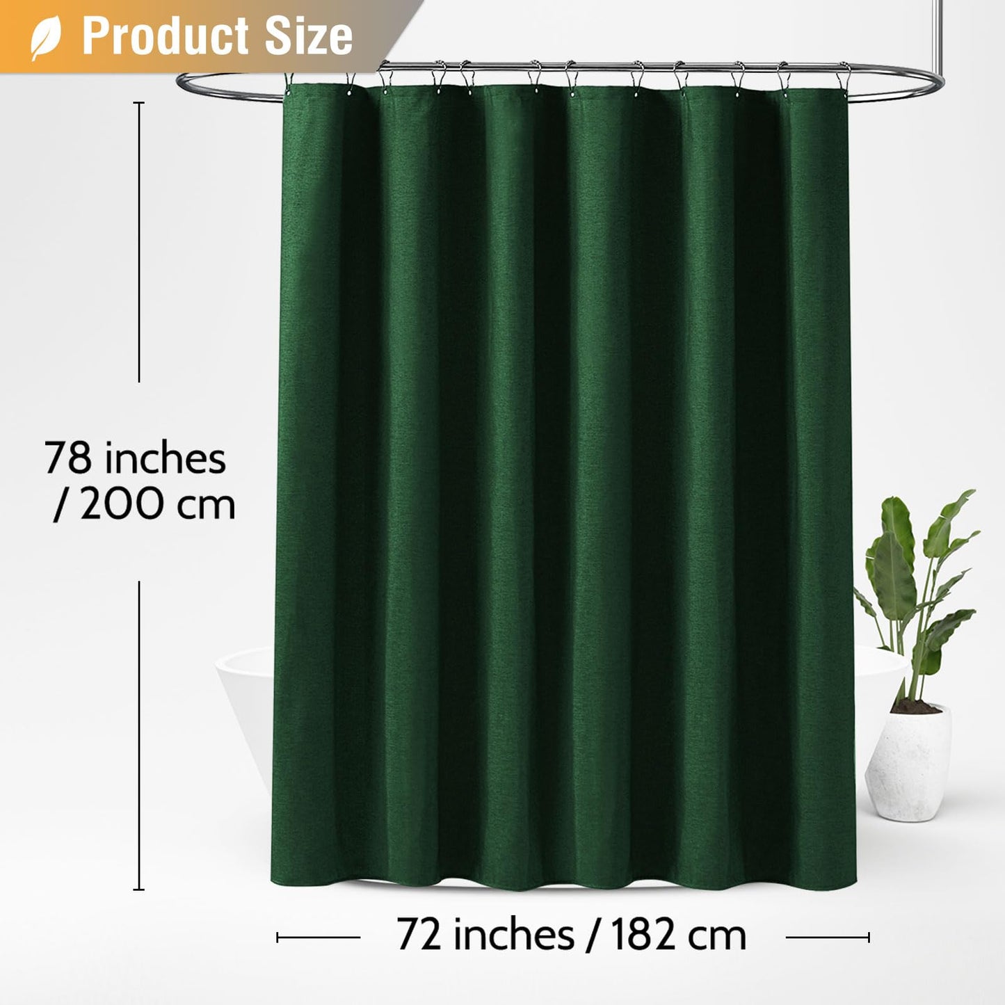 BTTN Linen Look Shower Curtain, Waterproof, 182x200cm, Emerald Green