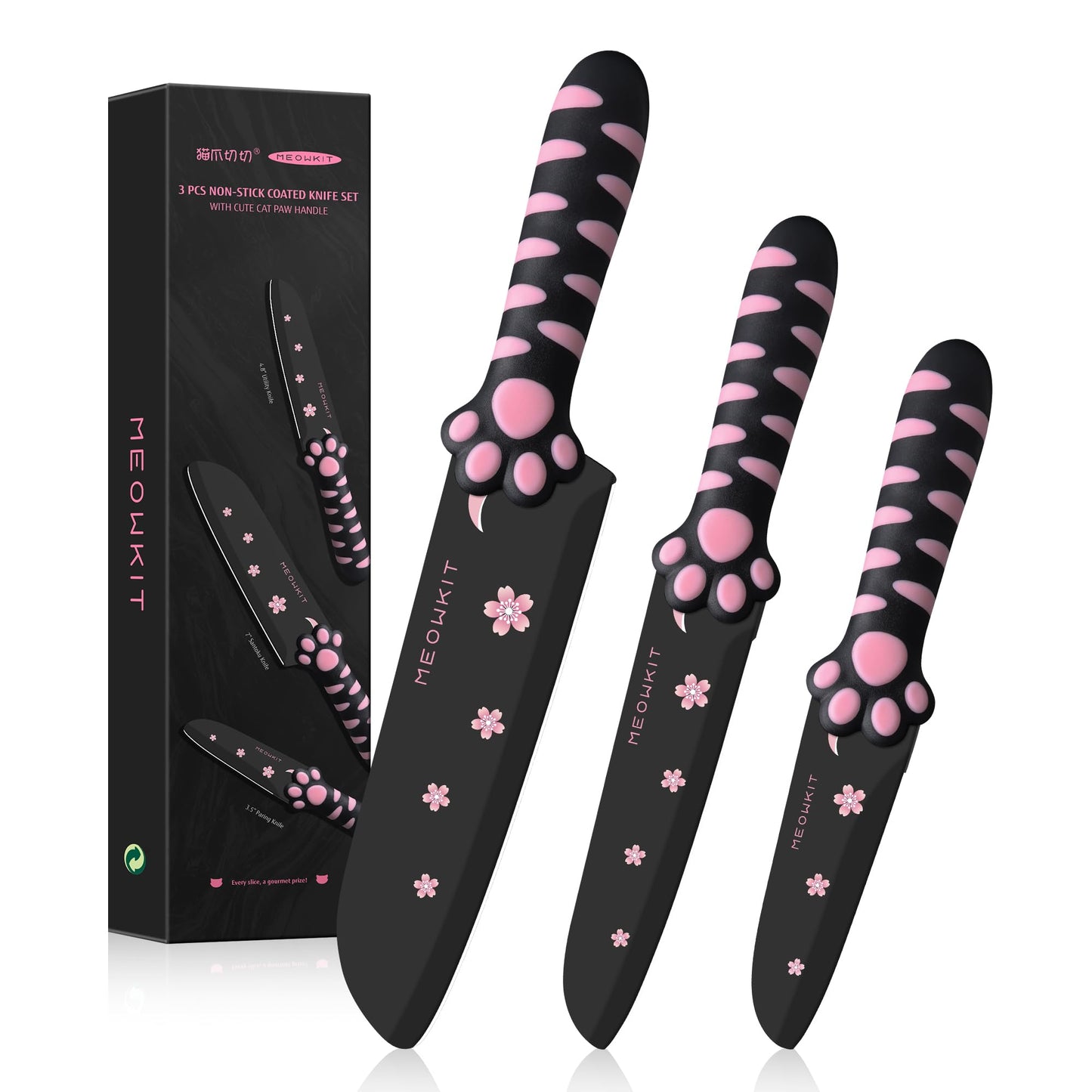MEOWKIT Stylish & Cute 3 Pieces Kitchen Knife Set with Non-Stick Coated Cat Paw Handle for Modern Kitchens, Daily Use and Gift Giving (Black&Pink)