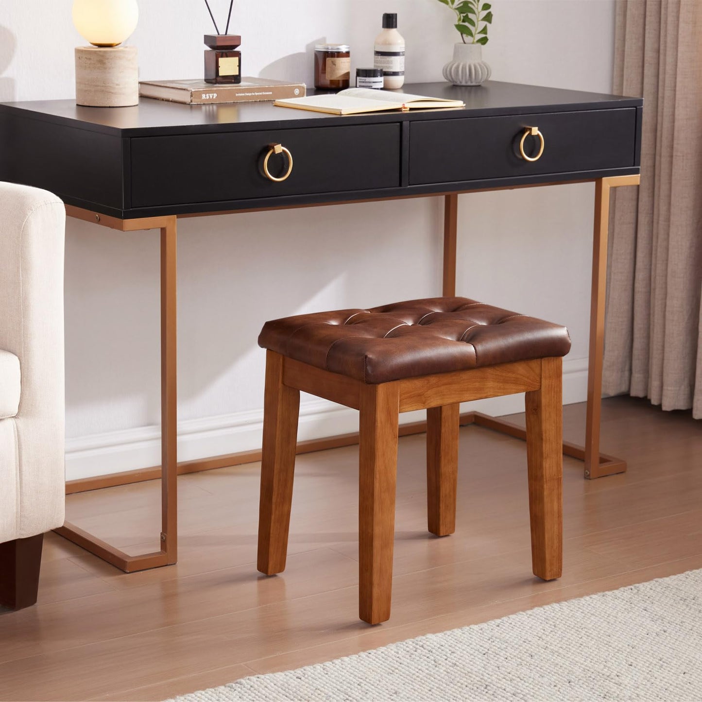 MILCIL Upholstered Ottoman Stool with Padded Seat, Tufted Vanity Stool with Solid Wood Legs, Accent Stool, Faux Leather Retro Brown