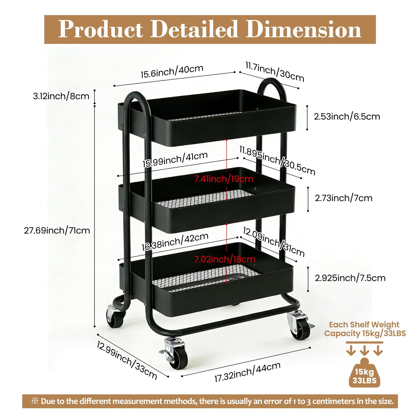 Mordchil EU 3 Tier Metal Utility Cart with Lockable Wheels for Storage, Rolling Utility Trolley Storage Cart for Home & Office, Black