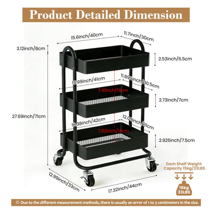 Mordchil EU 3 Tier Metal Utility Cart with Lockable Wheels for Storage, Rolling Utility Trolley Storage Cart for Home & Office, Black