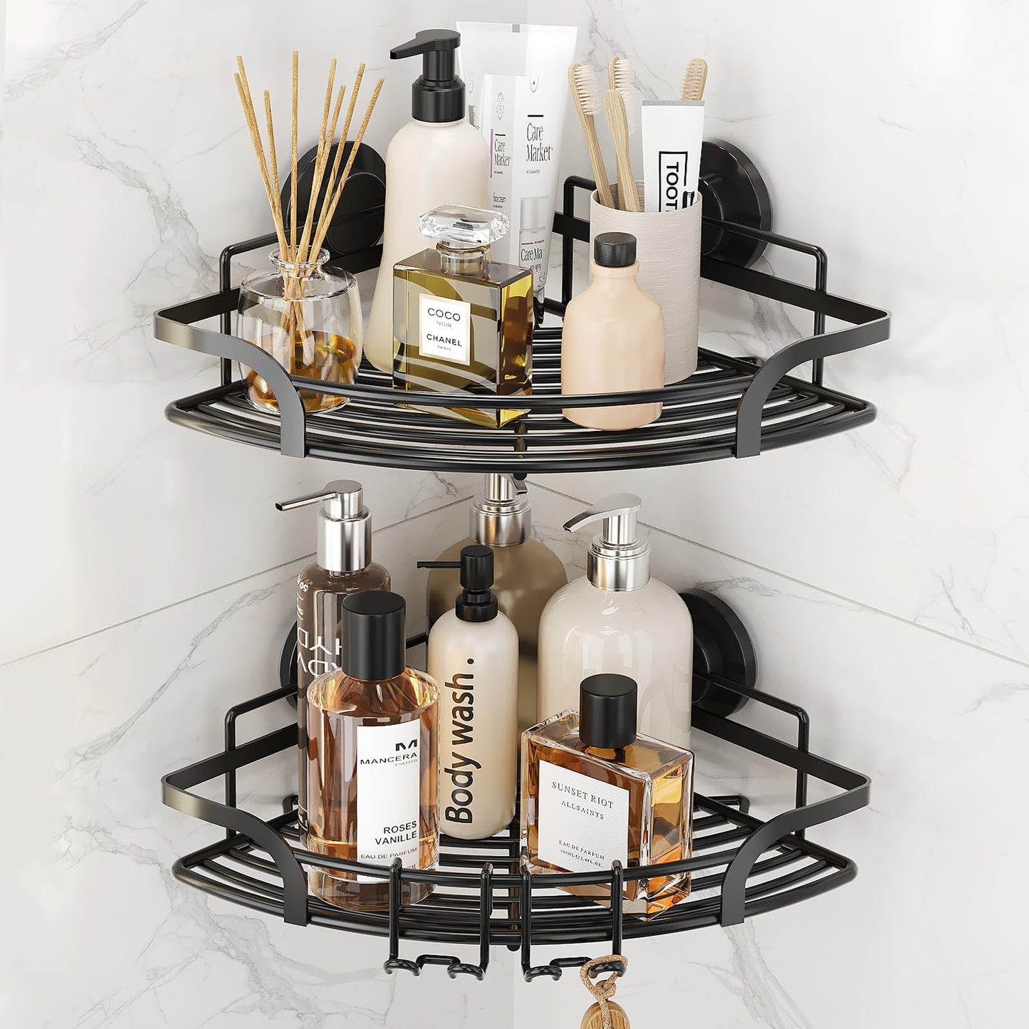 TAILI Corner Shower Shelves 2 Pack, Caddy With Suction Cup and Hooks, Heavy Duty Stainless Steel Basket Organizer for Bathroom, Rustproof Rack,